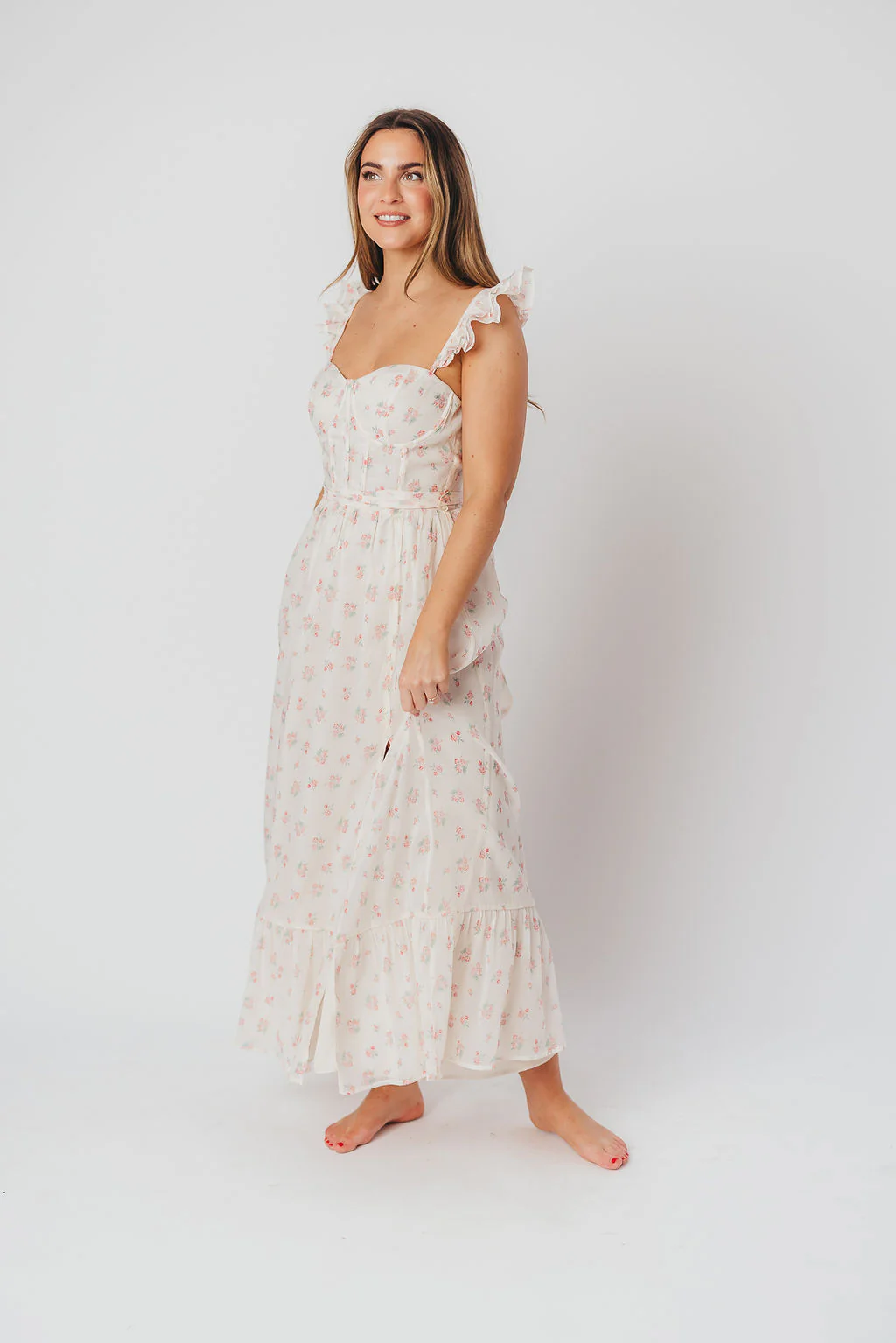 Rosamund Bustier-Style Maxi Dress in Blush Pink Floral - Inclusive Sizing (S-3XL) - Fashionser