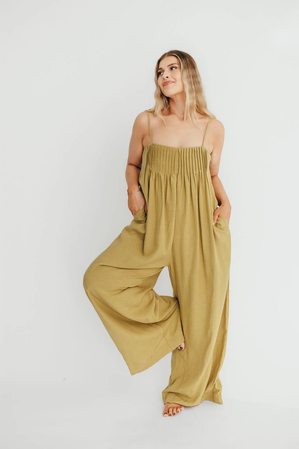 Adeline Pleated Jumpsuit in Olive - Fashionser