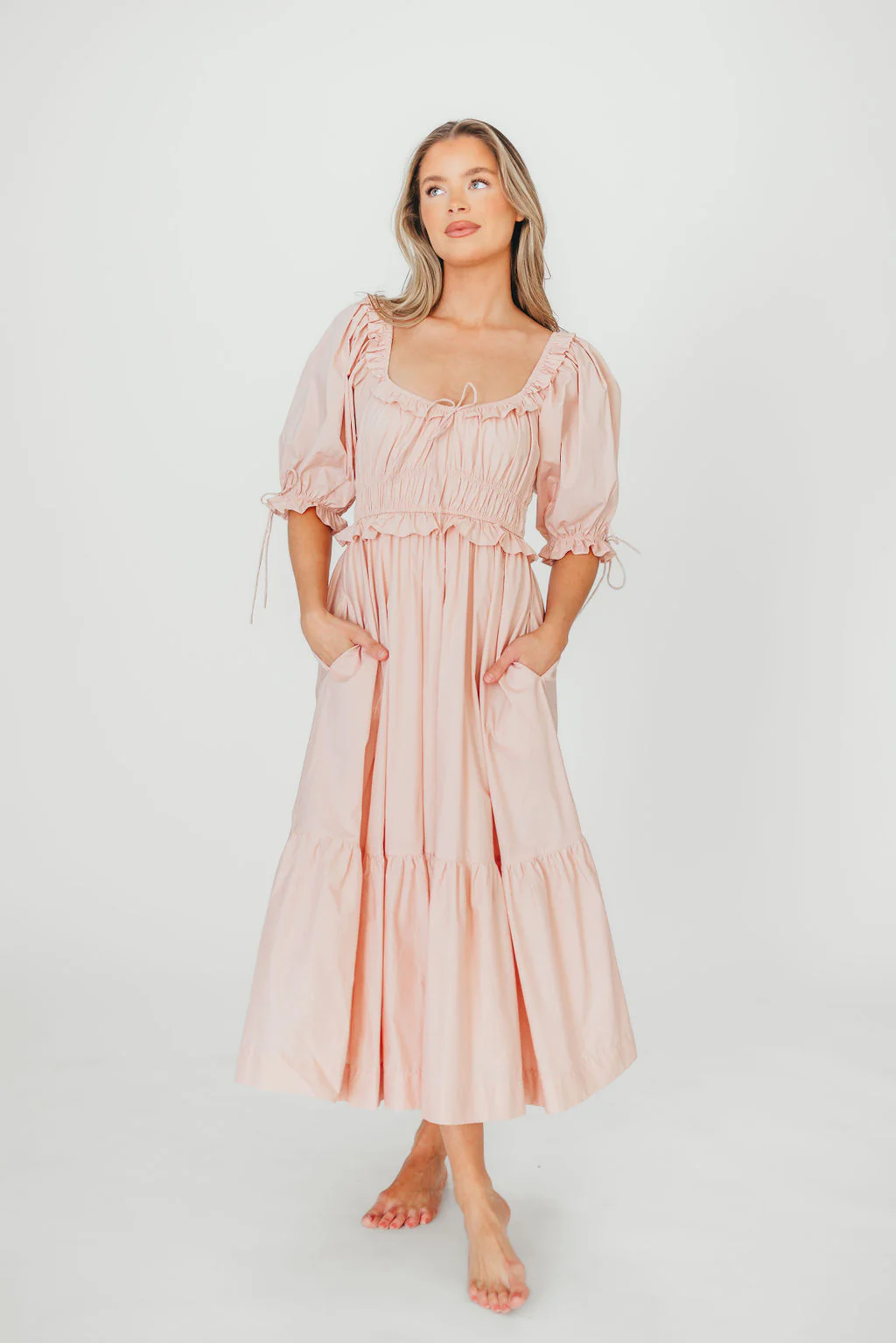 100% Cotton Crissy Ruched Midi Dress in Dusty Pink - Bump Friendly - Fashionser