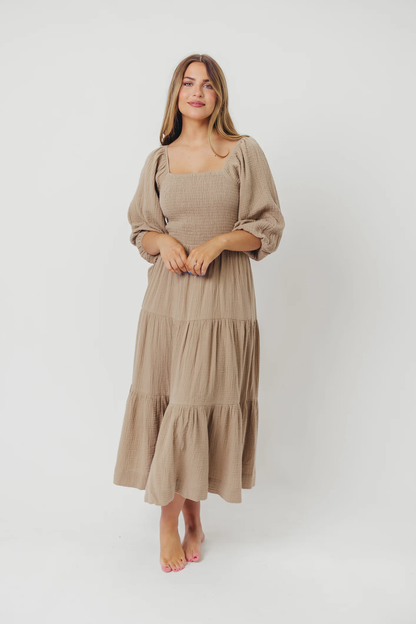 Taylor Cotton Smocked Midi Dress with Tiered Skirt in Pumice - Inclusive Sizing - Fashionser