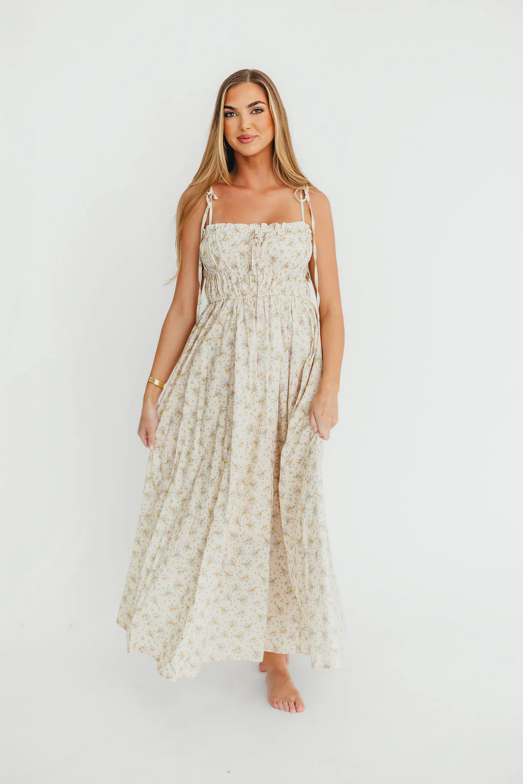 Lila Ruched Floral Maxi Dress in Vintage Cream - Fashionser