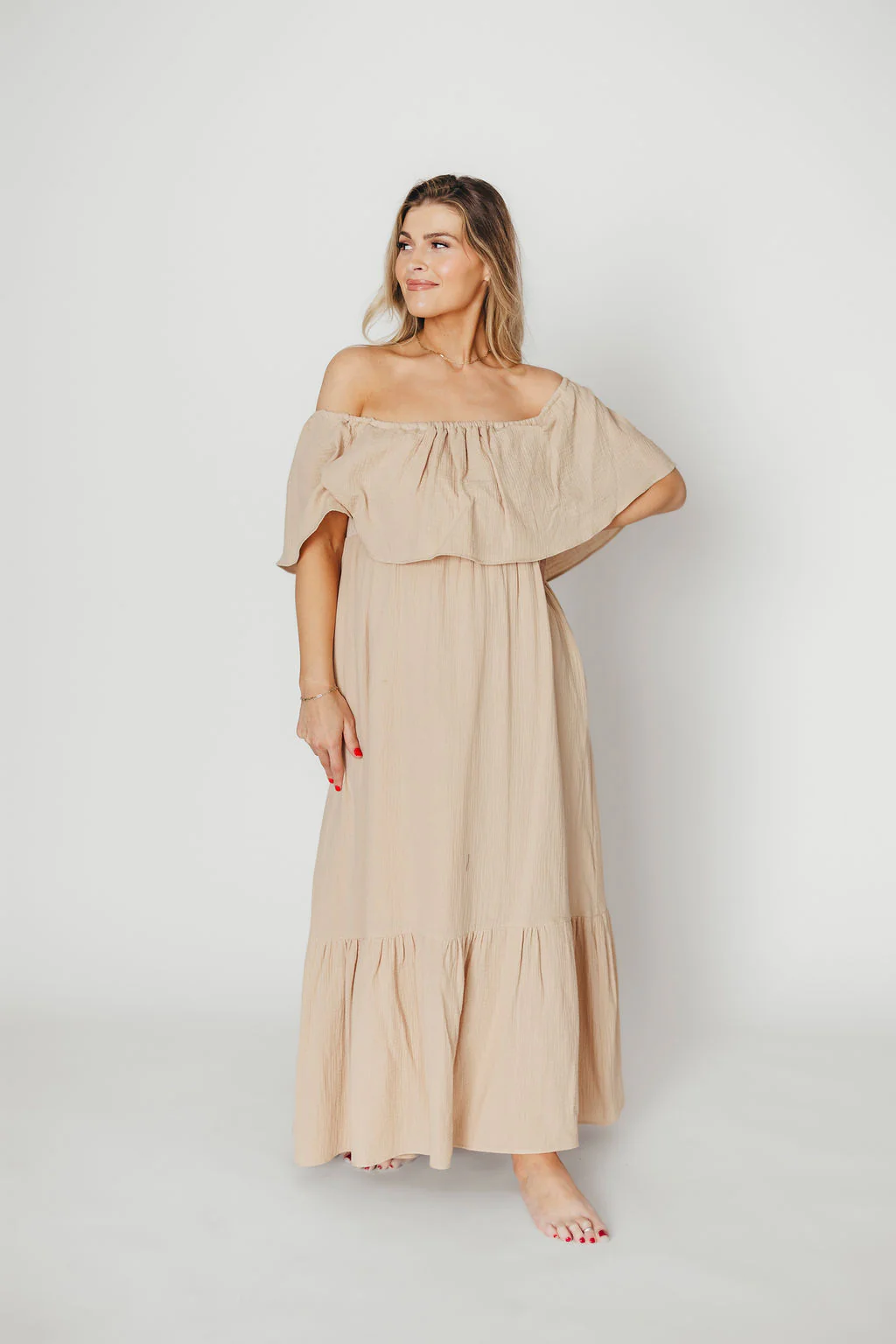 Josie 100% Cotton Maxi Dress in Beige - Bump & Nursing Friendly - Fashionser