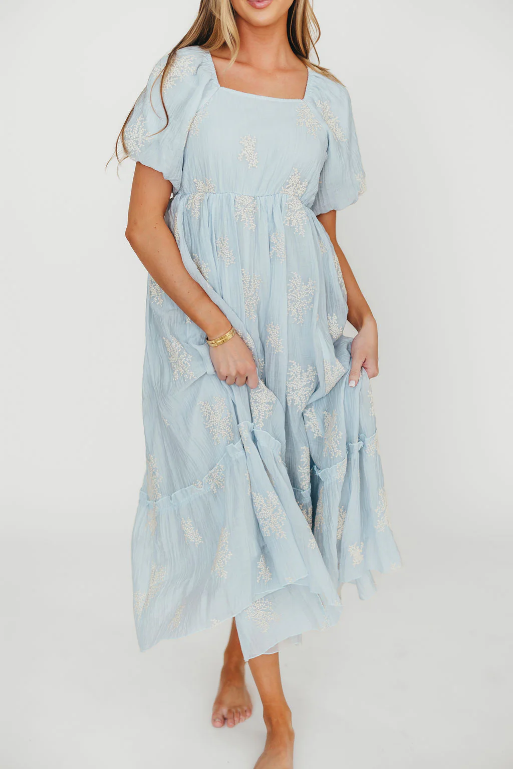 Hallie Embroidered Maxi Dress in Powder Blue - Bump Friendly & Inclusive Sizing (S-3XL) - Fashionser