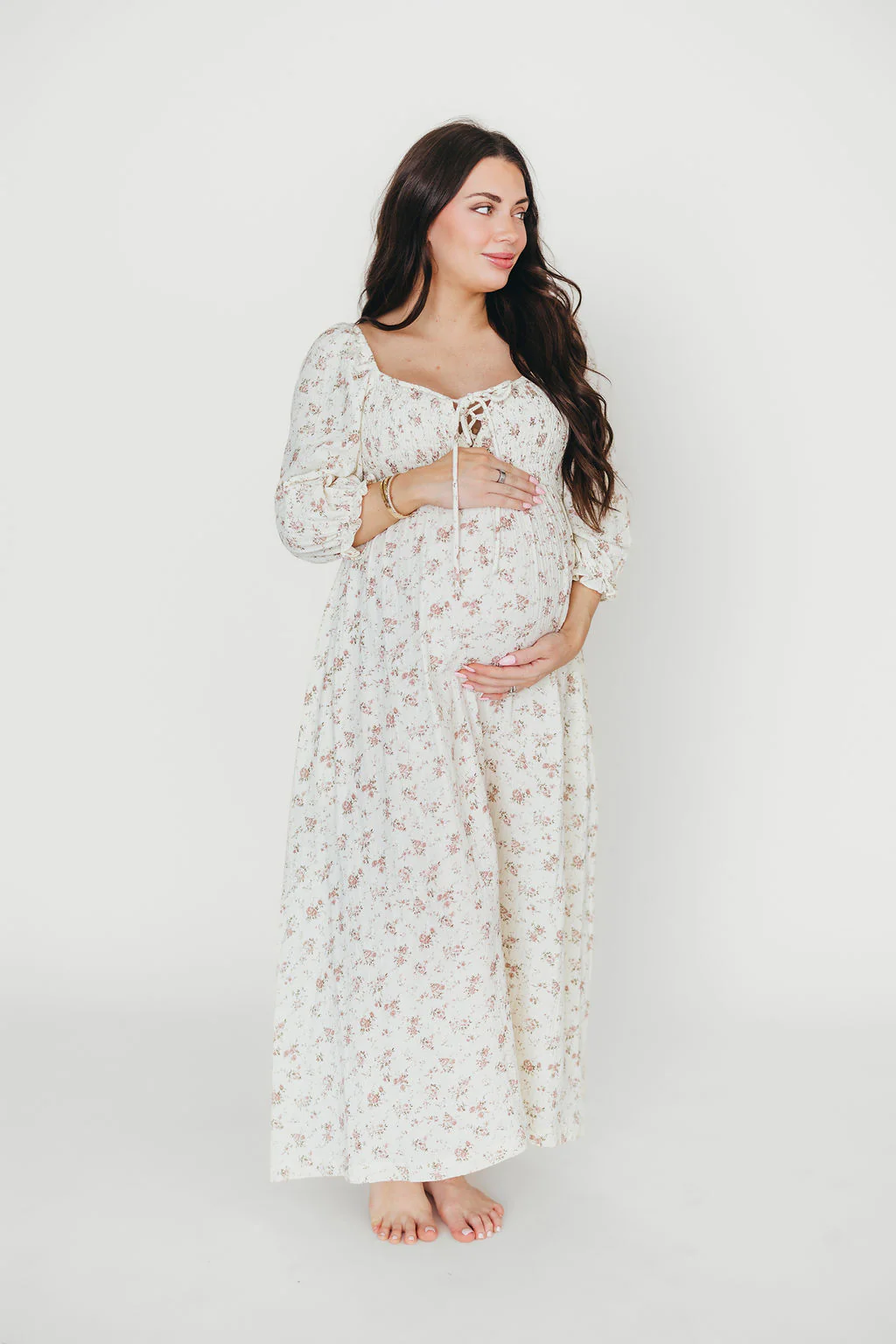 Cecilia 100% Cotton Smocked Maxi Dress in Ivory/Mauve Floral - Bump Friendly - Fashionser