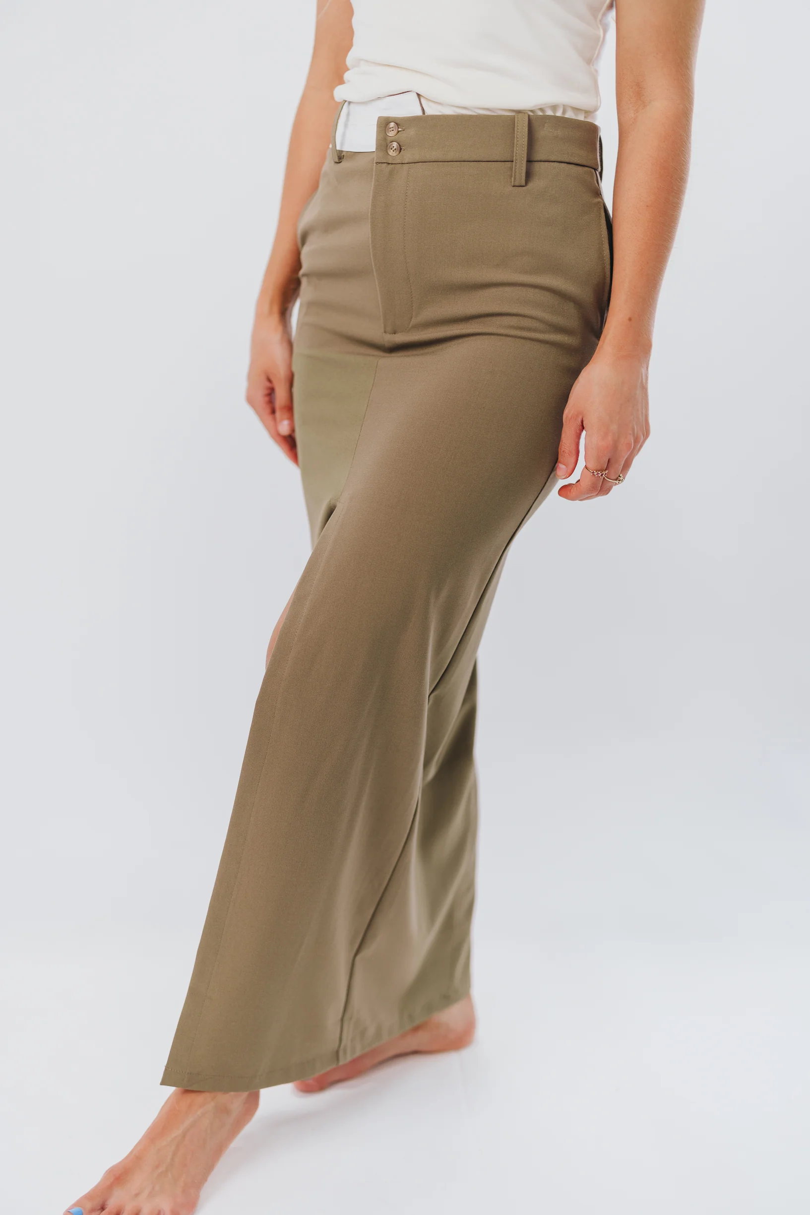 Colin Trouser Maxi Skirt with Contrast Band in Olive - Fashionser