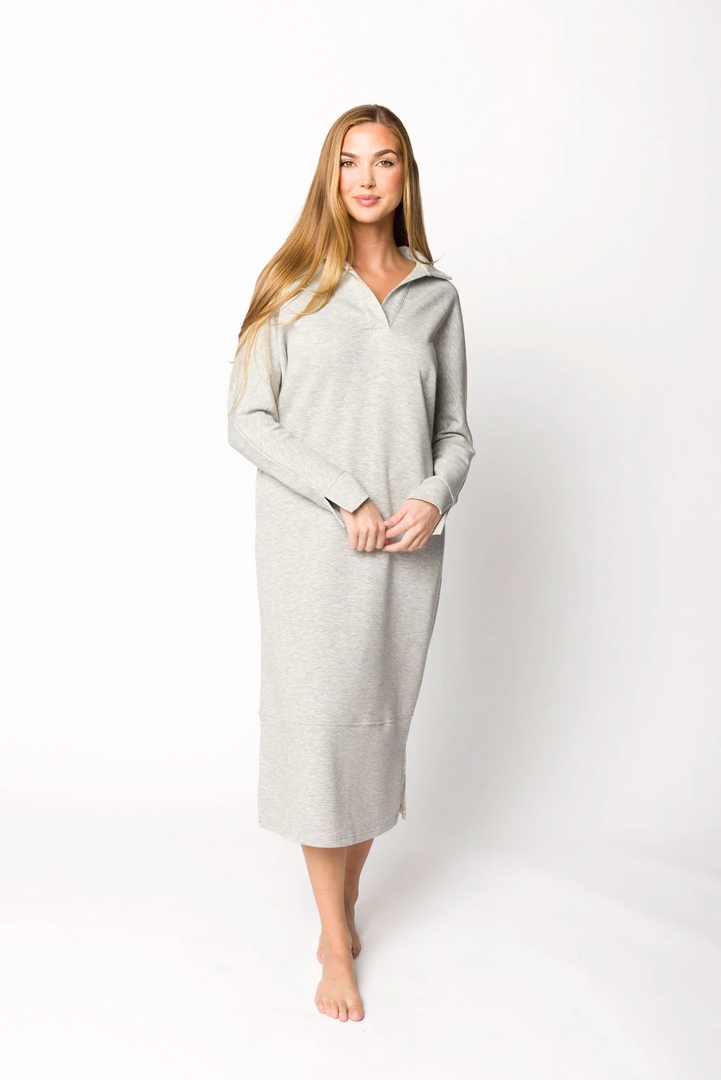 Myra Collared Long Sleeve Maxi Dress in Heather Grey - Fashionser