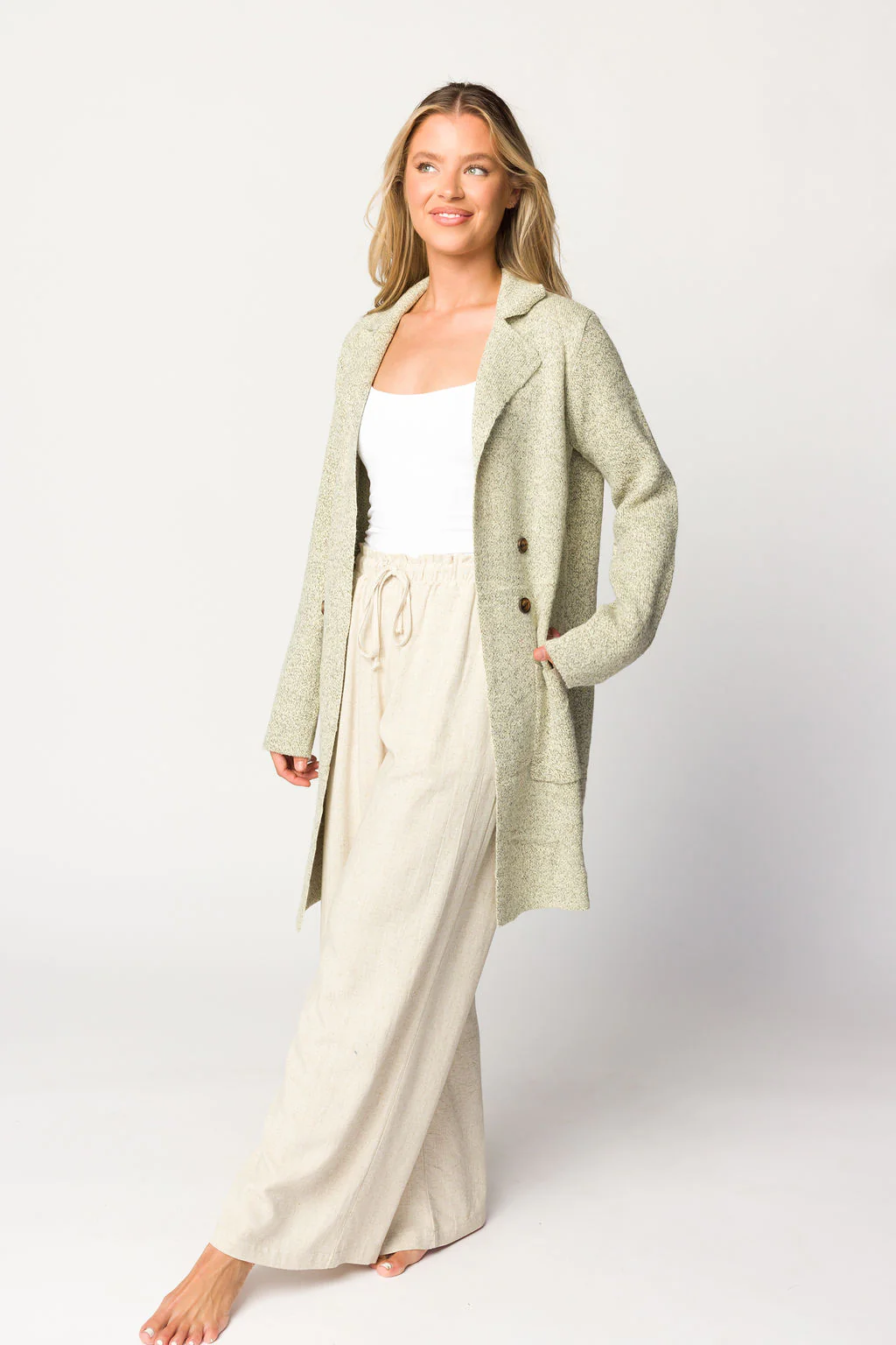 Reagan Double Breasted Knit Coat in Oatmeal - Fashionser