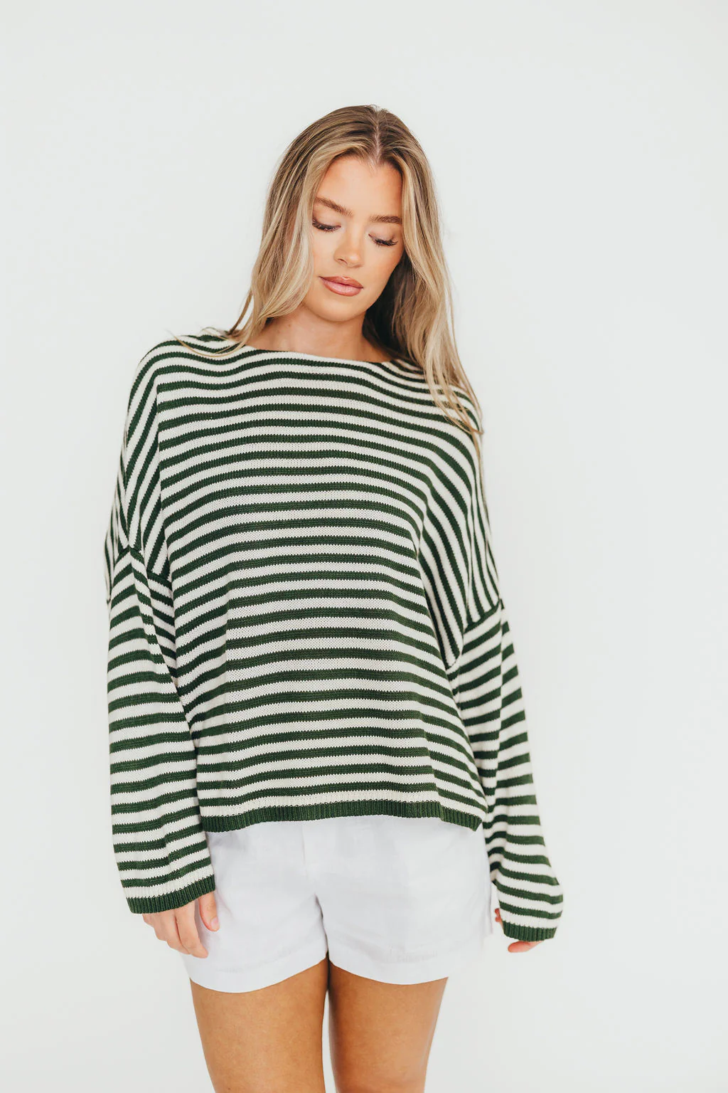 Ivy Striped Sweater in Hunter/Cream - Fashionser