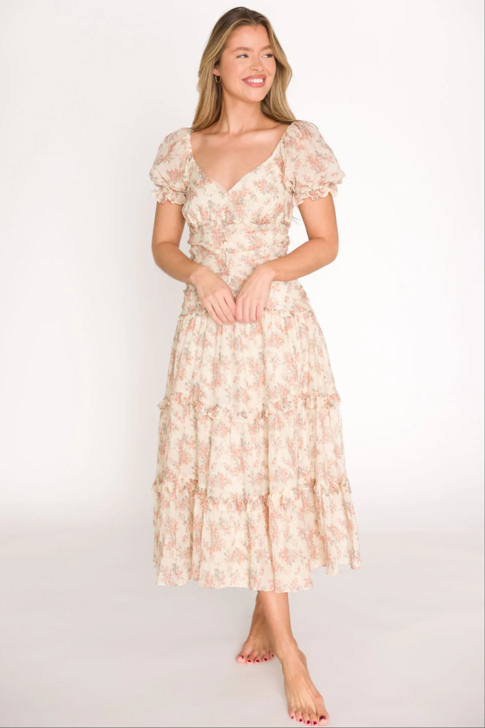 Jenna Ruffled Maxi Sundress in Cream/Multi Floral - Fashionser