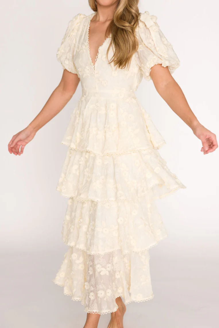 Arianell Embroidered Midi Dress in Cream - Fashionser