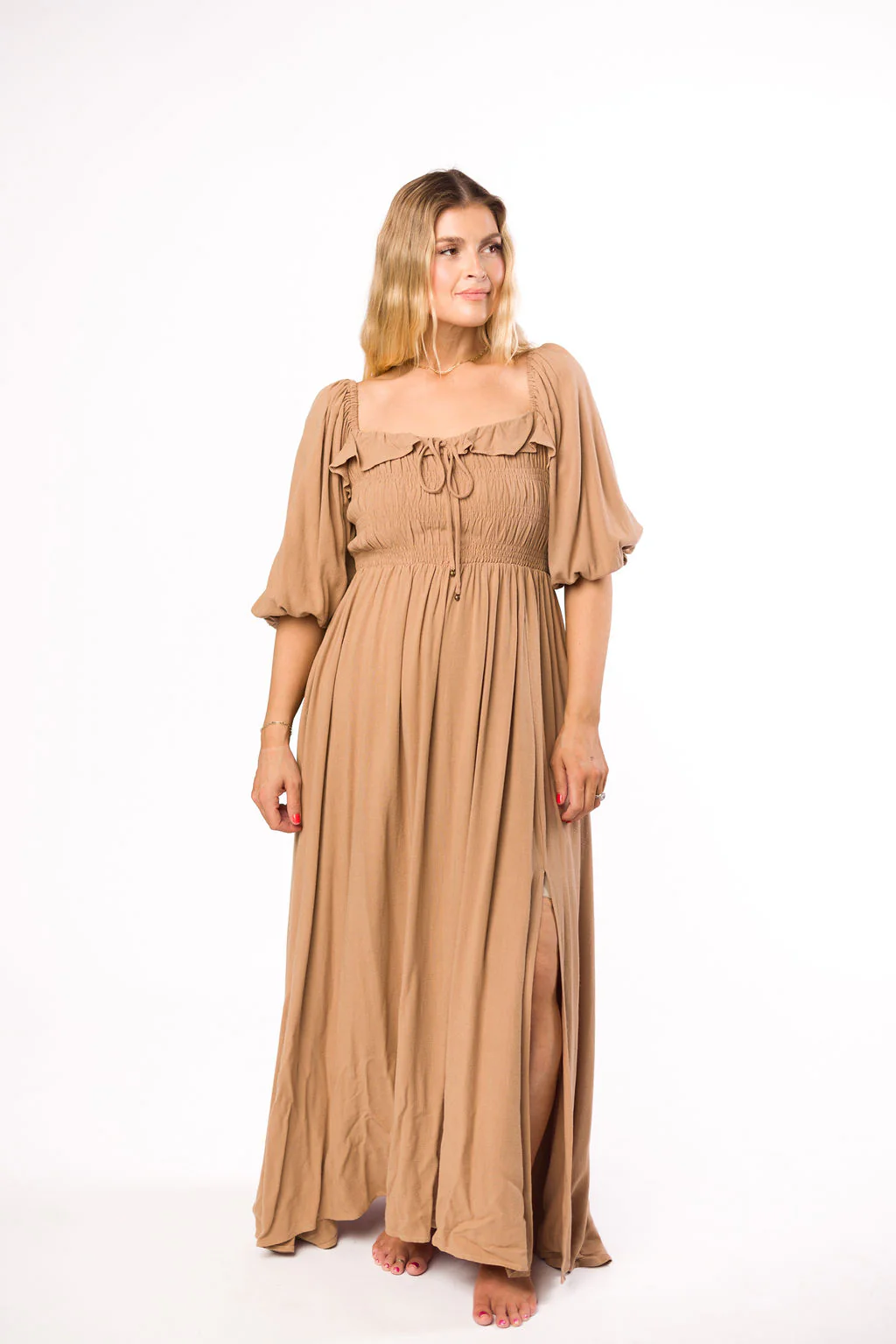 Devon Smocked Maxi Dress in Taupe - Bump Friendly - Fashionser