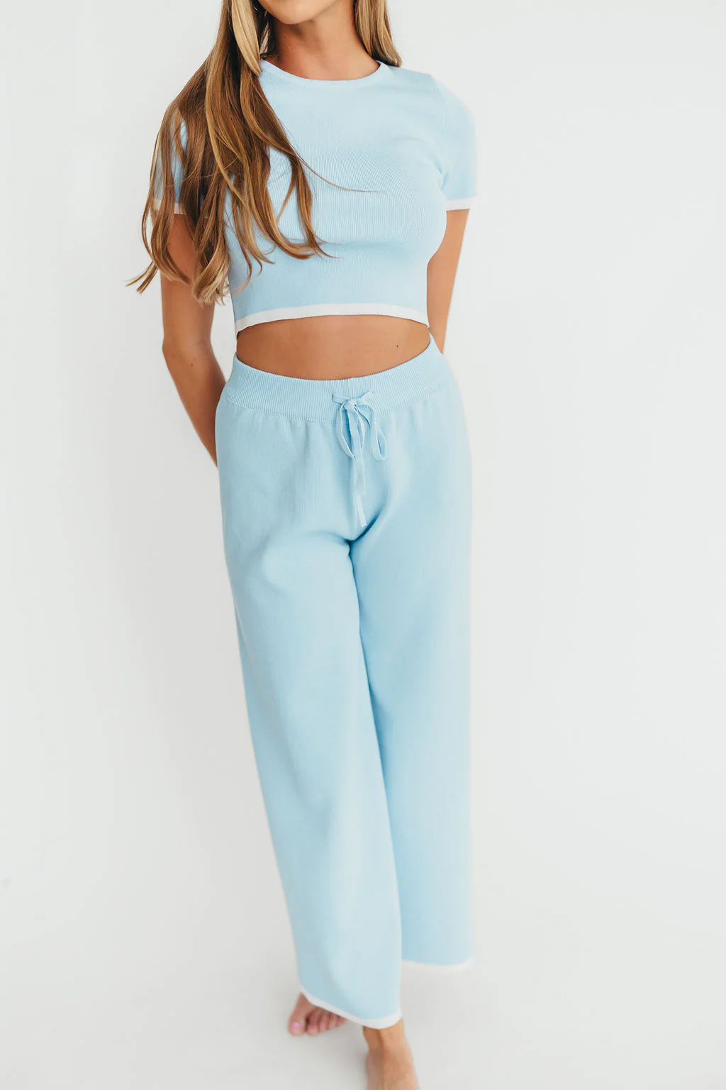 Lindsay Cropped Top and Pants Set in Light Blue - Fashionser