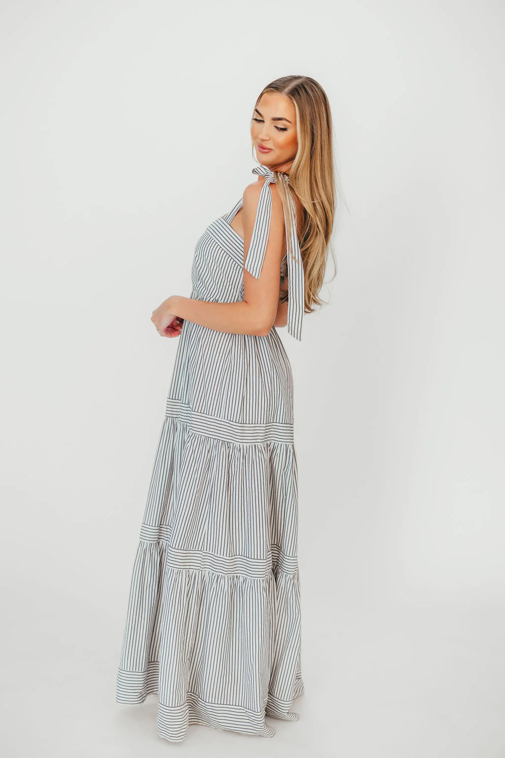 Emma Tie Strap Maxi Dress in Navy Blue Stripe - Fashionser