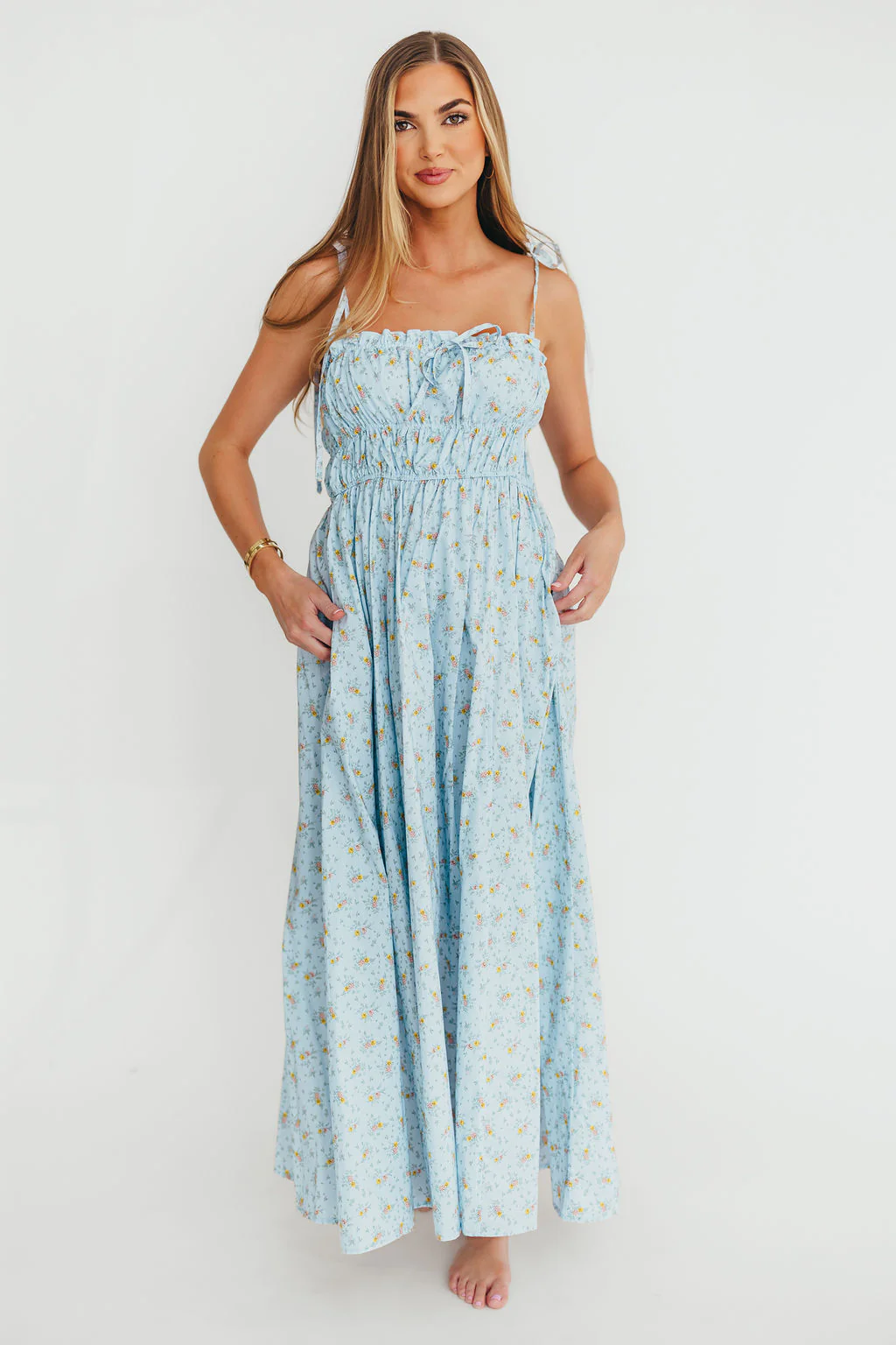 Lila Ruched Floral Maxi Dress in Powder Blue - Fashionser