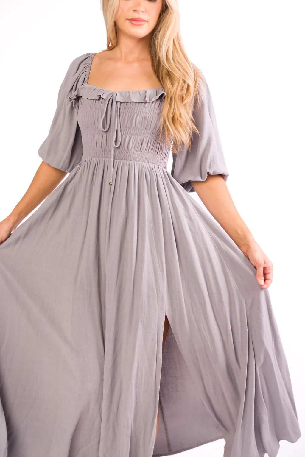 Devon Smocked Maxi Dress in Slate Grey - Bump Friendly - Fashionser