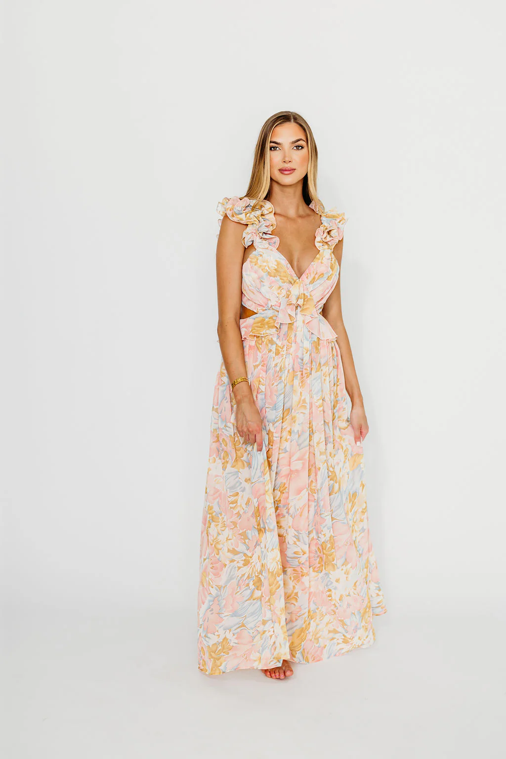 Rapunzel Floral Ruffle Sleeve Open Back Maxi Dress in Pink - Fashionser