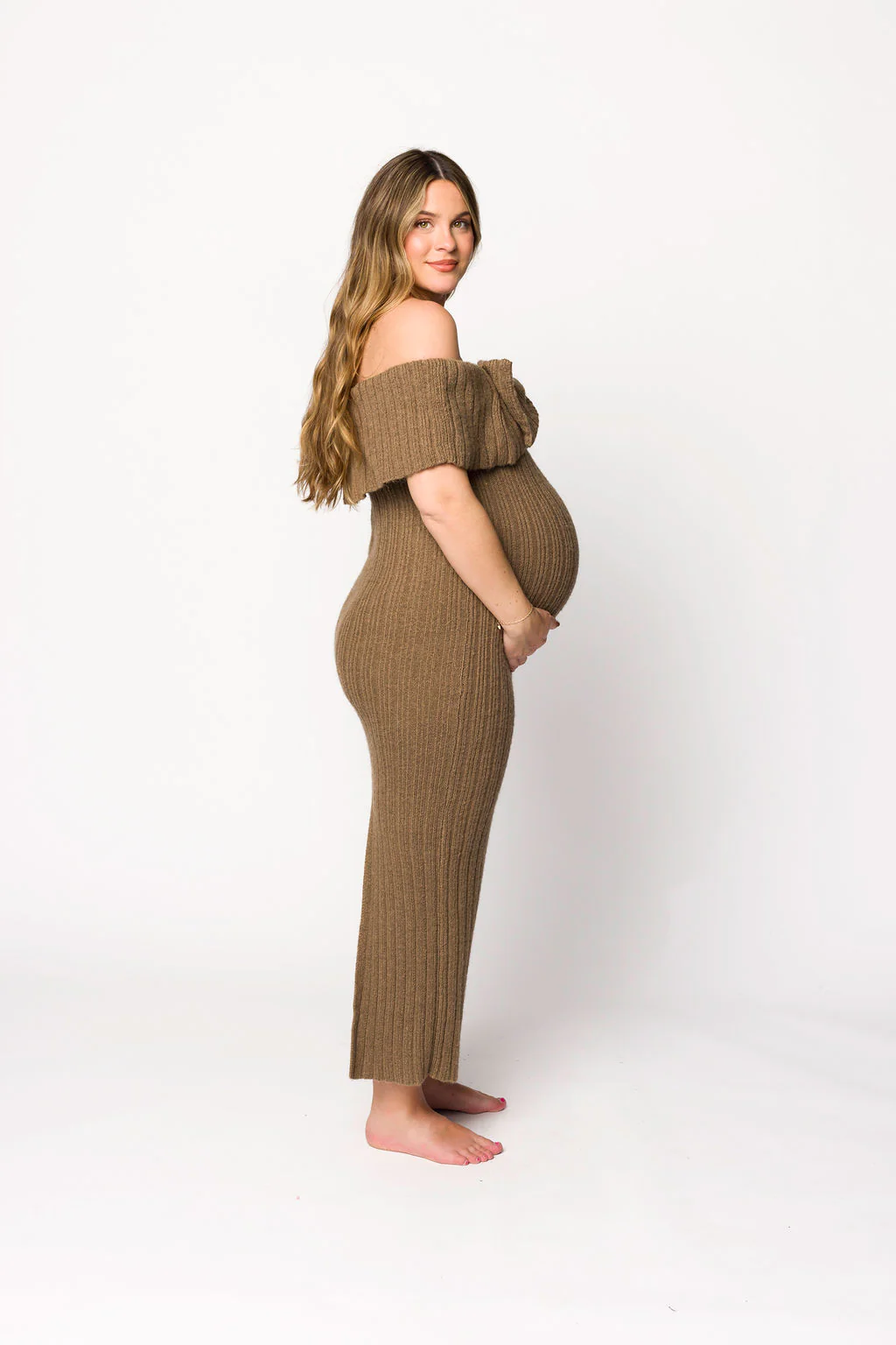 Aston Bow Front Maxi Sweater Dress in Brown - Bump Friendly - Fashionser
