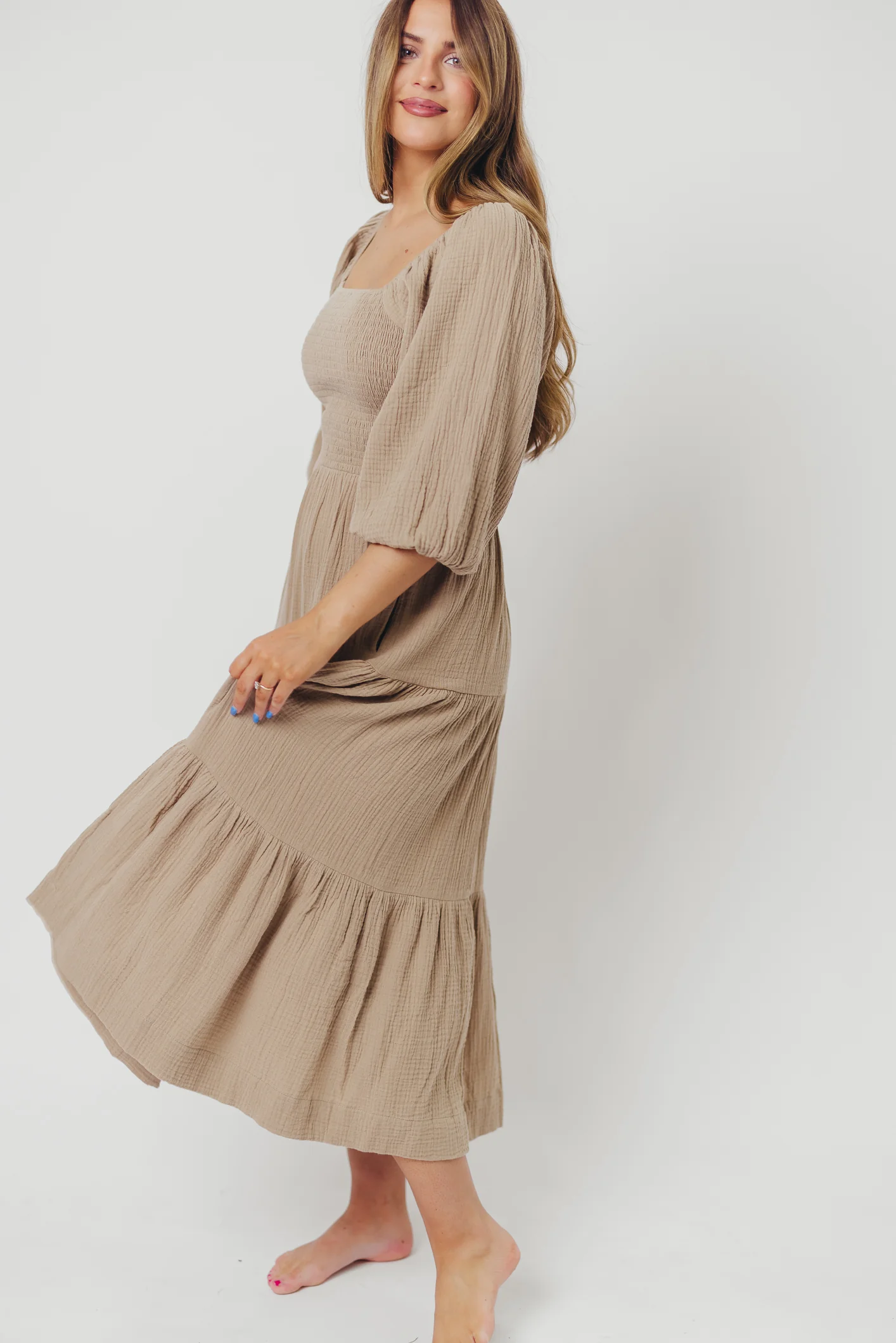 Taylor Cotton Smocked Midi Dress with Tiered Skirt in Pumice - Inclusive Sizing - Fashionser