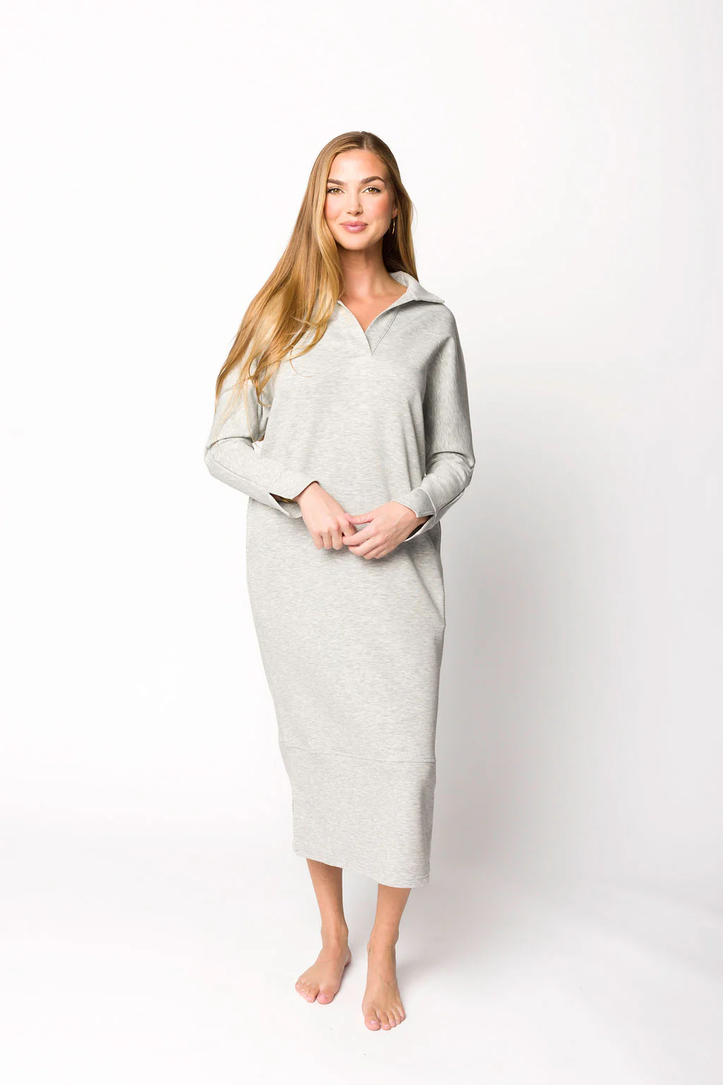 Myra Collared Long Sleeve Maxi Dress in Heather Grey - Fashionser