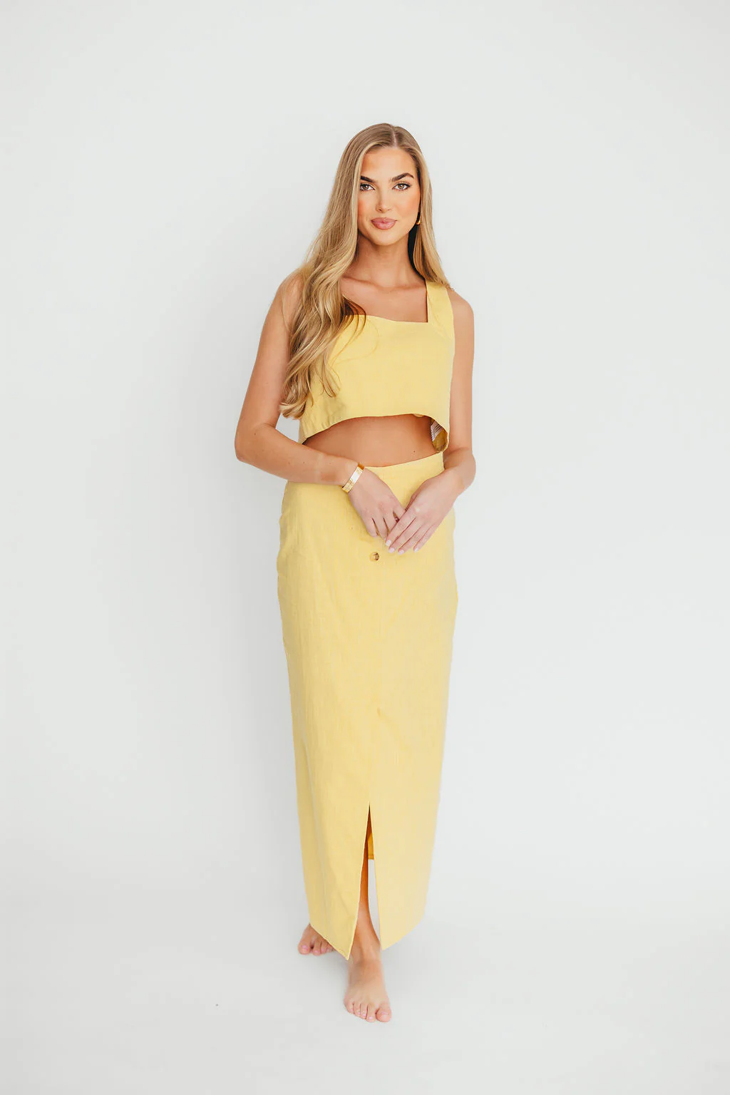 Sierra Linen Crop Top and Skirt Set in Light Yellow - Fashionser