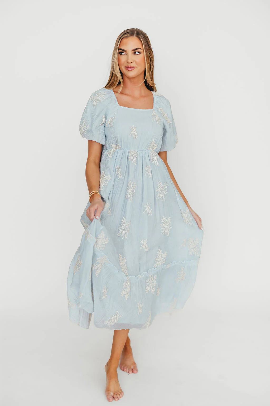 Hallie Embroidered Maxi Dress in Powder Blue - Bump Friendly & Inclusive Sizing (S-3XL) - Fashionser