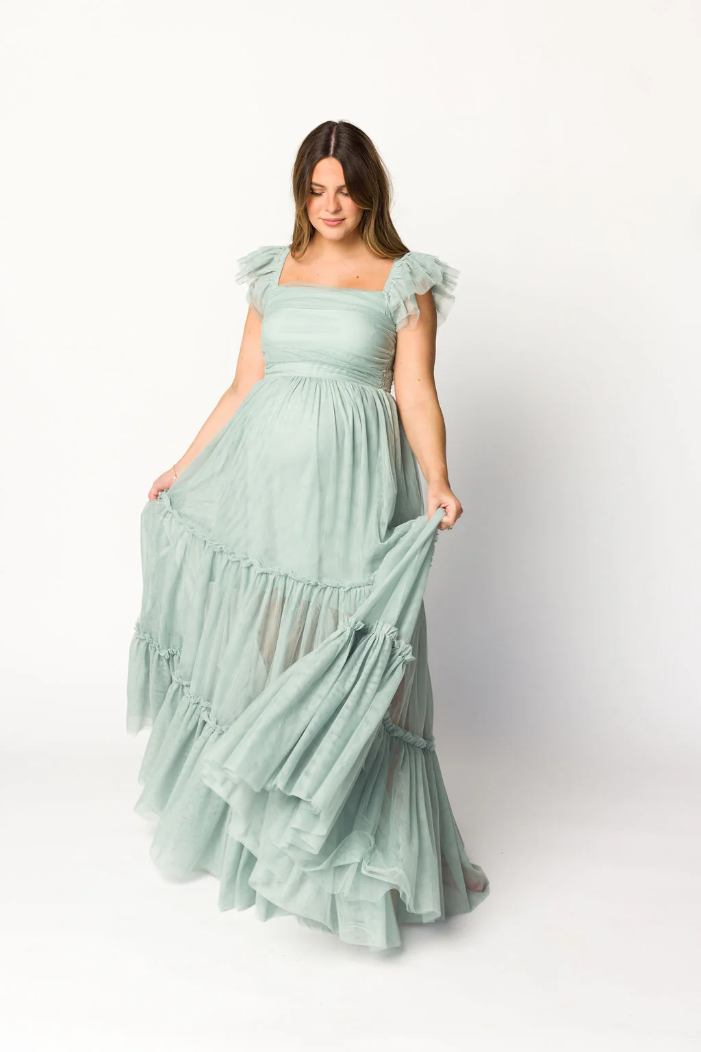 Bella Tiered Tulle Maxi Dress in Sage - Bump Friendly (Final Few) - Fashionser