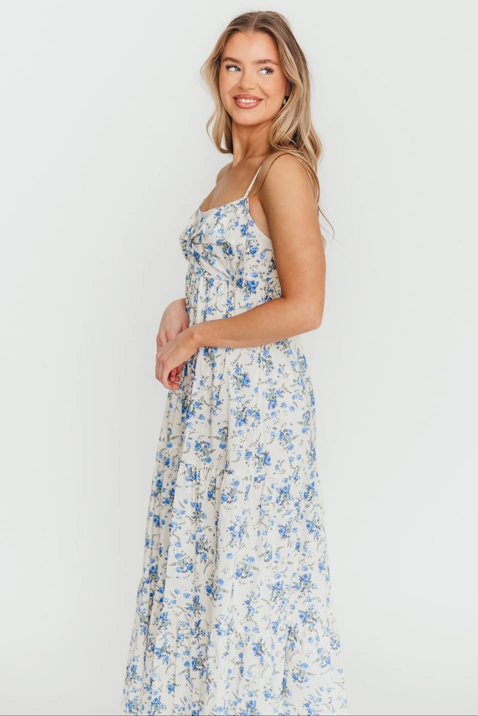 Cecile 100% Cotton Bow Front Maxi Dress in Cream/Blue Floral - Fashionser