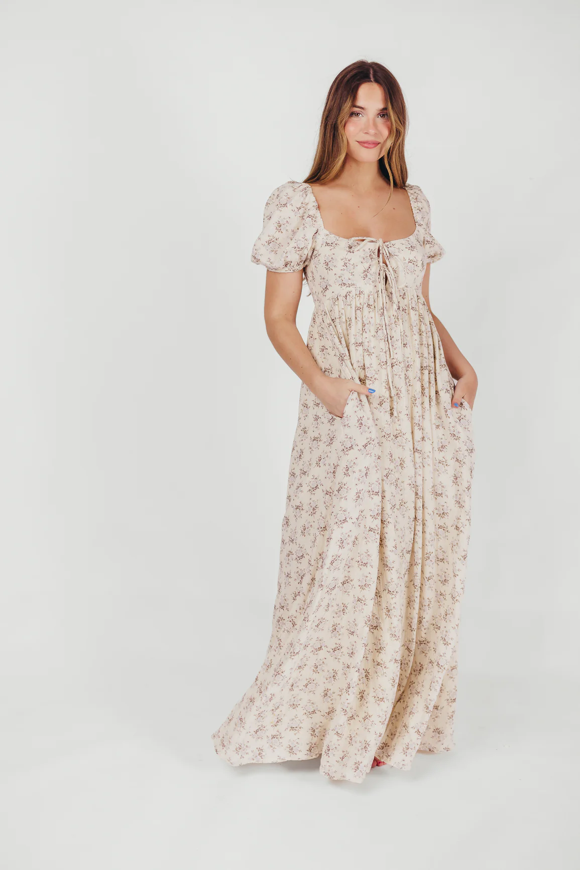 Haven 100% Cotton Tie-Front Maxi Dress in Blue/Brown Floral - Bump Friendly -Restocking in April - Fashionser