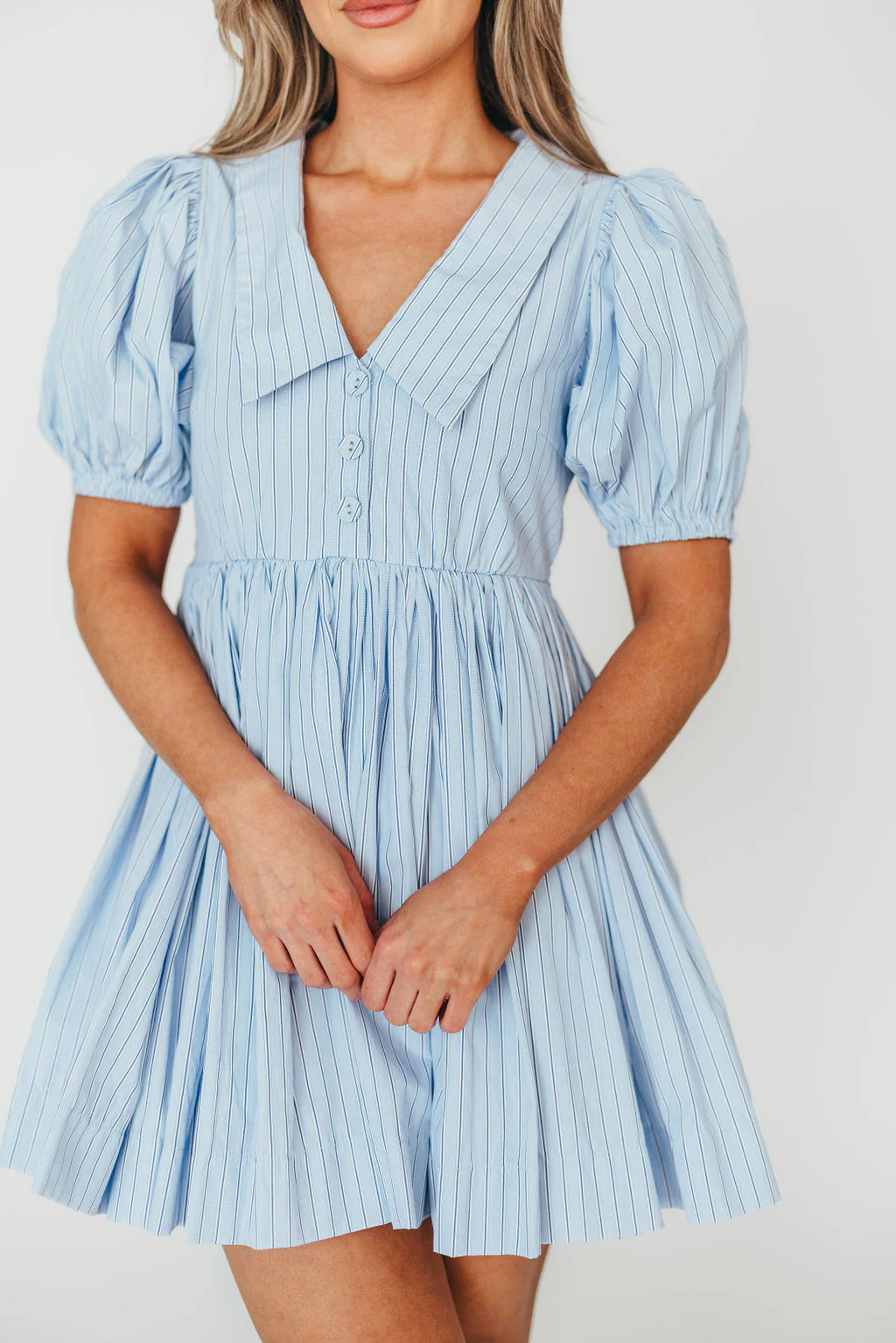 Camilla Pinstripe Collared V-Neck Mini Dress in Blue - Fashionser