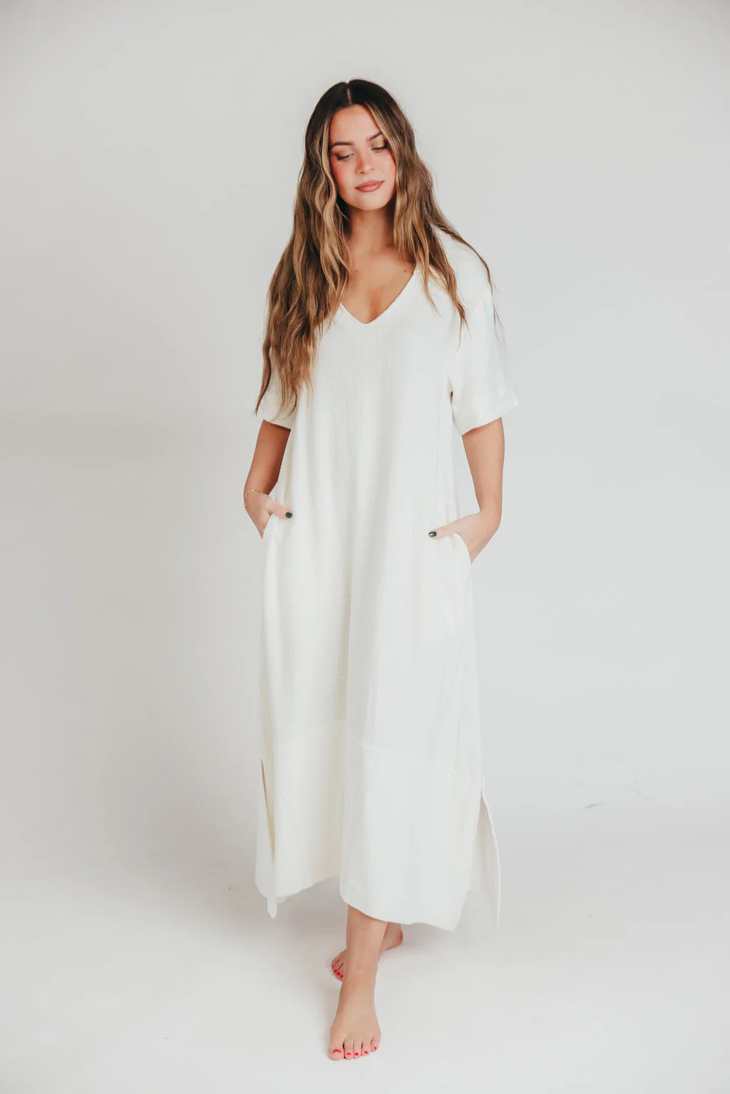 Fallon Linen-Blend Collared Midi Dress in Ivory - Bump Friendly - Fashionser