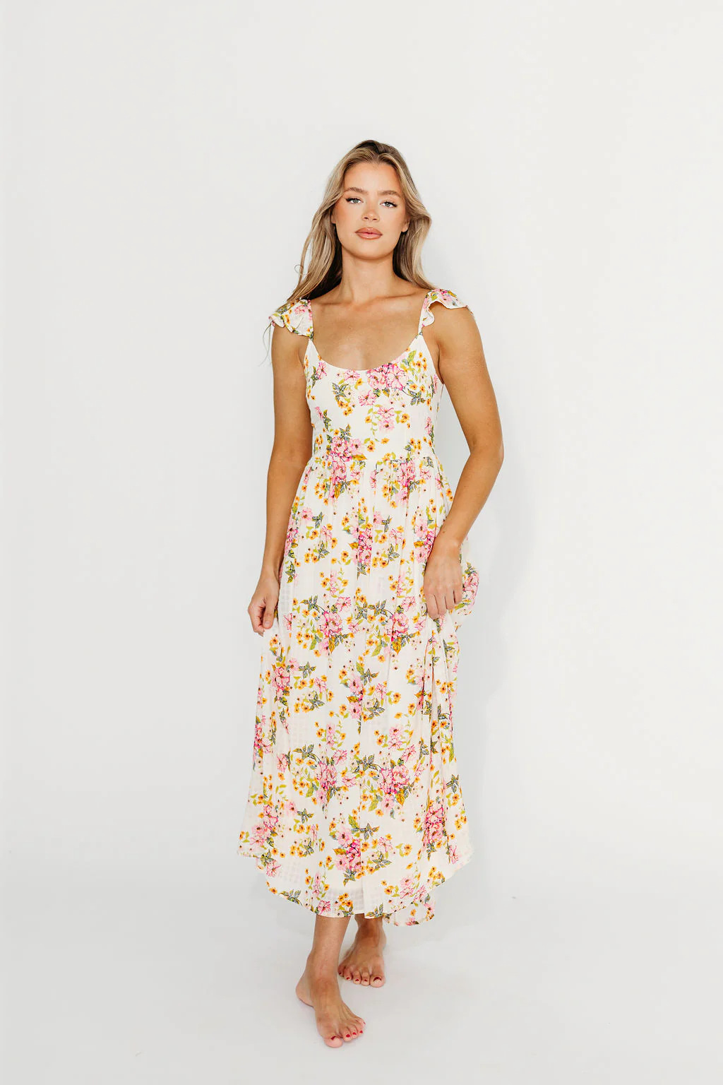 Jada Floral Flutter Sleeve Open Back Midi Dress in Natural/Dusty Pink - Fashionser
