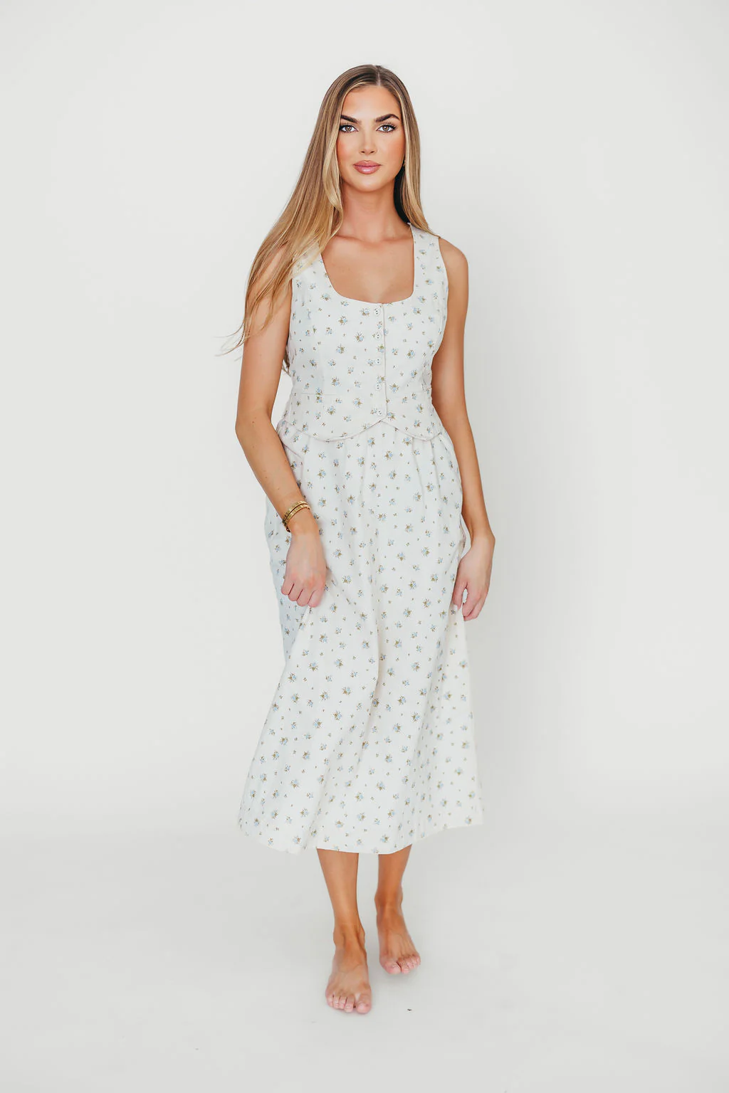 Florence Vest Detail Midi Dress in Blue Floral - Fashionser