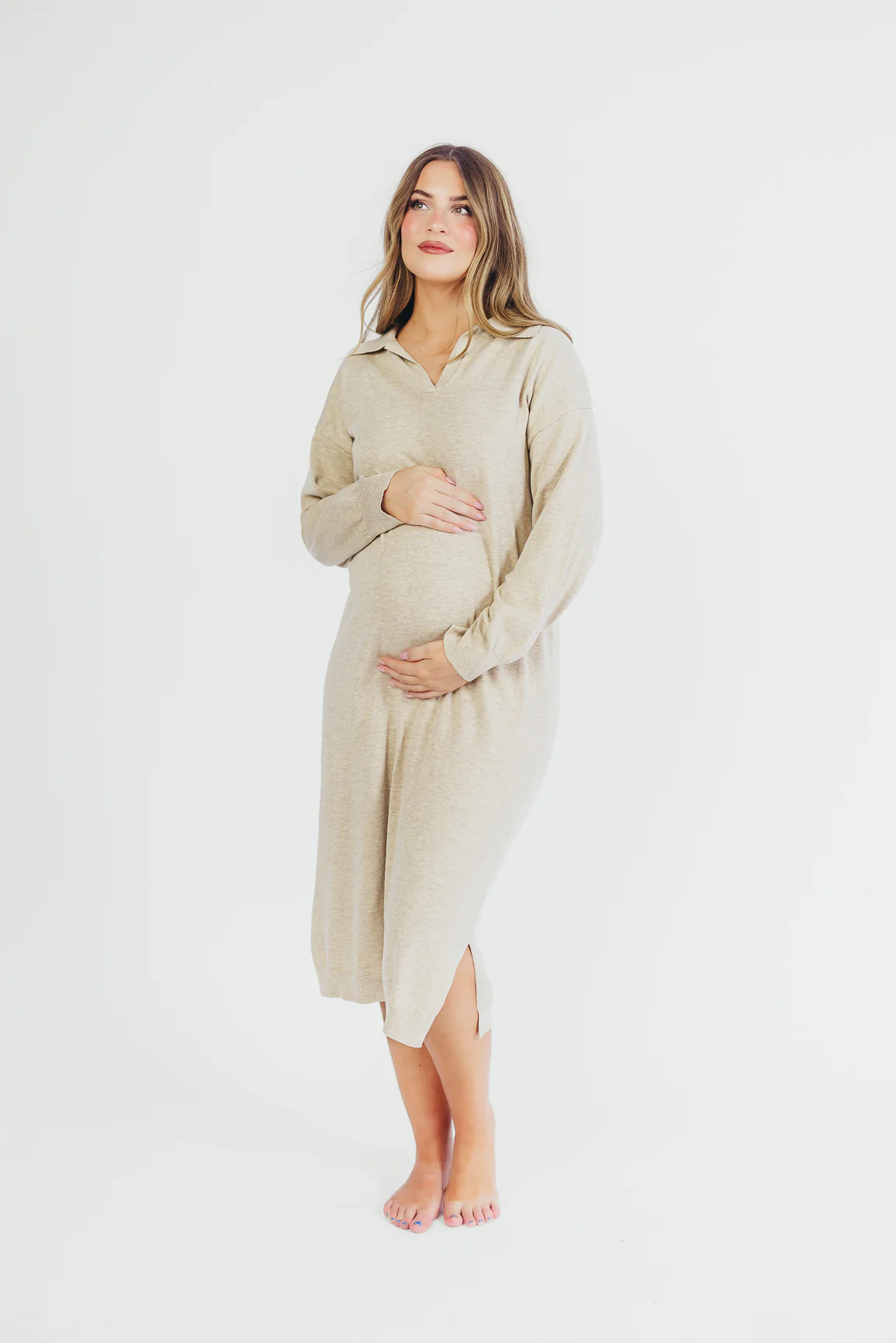 Riley Lightweight Long Sleeve Maxi Dress in Natural - Bump Friendly - Fashionser