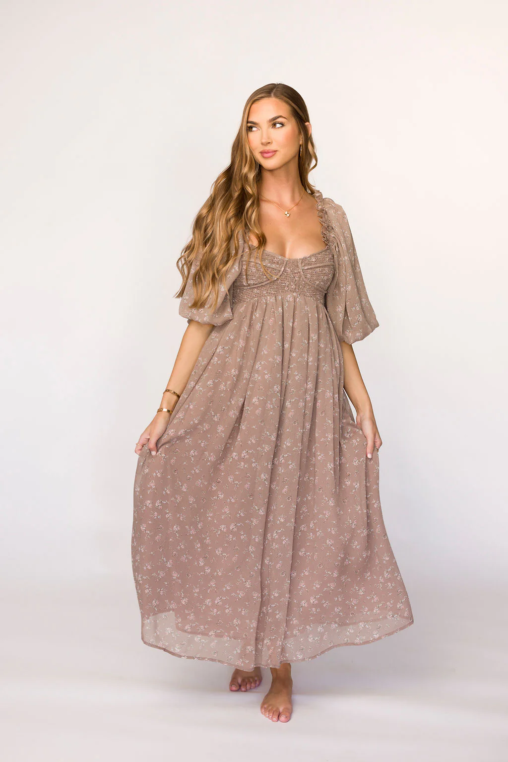Harlow Maxi Dress in Taupe Floral - Bump Friendly - Fashionser