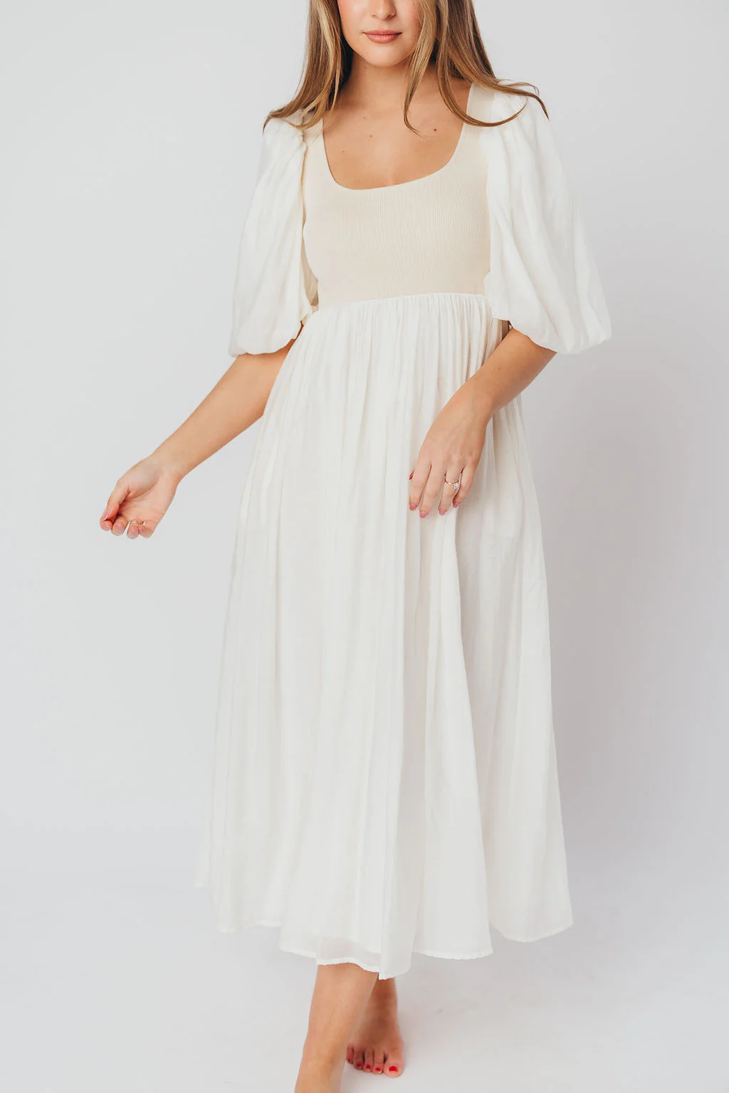 Raina Combination Midi Dress with Puff Sleeves in Natural - Bump Friendly - Fashionser
