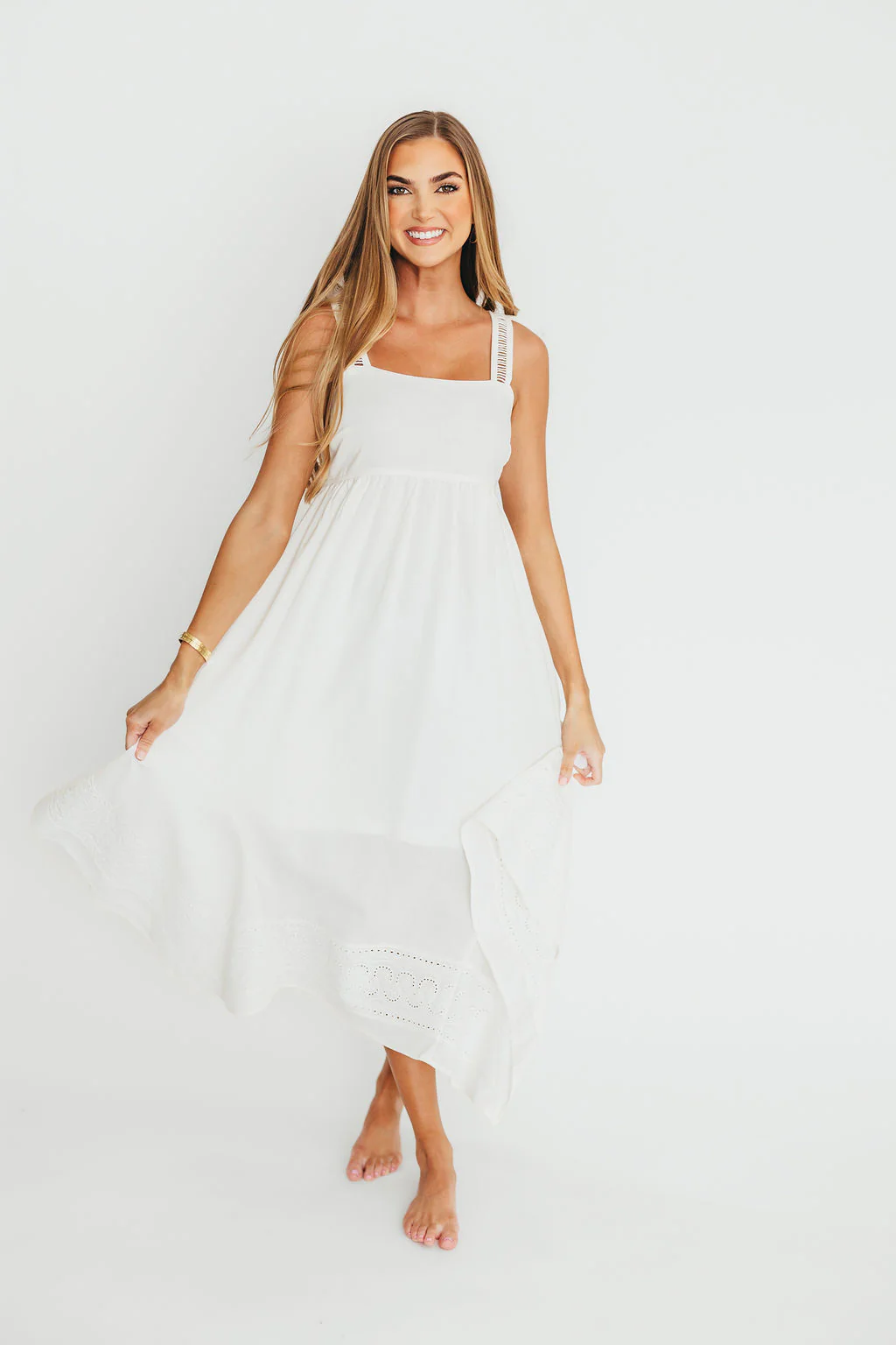 Palmer Asymmetrical Hem Midi Dress in White - Fashionser