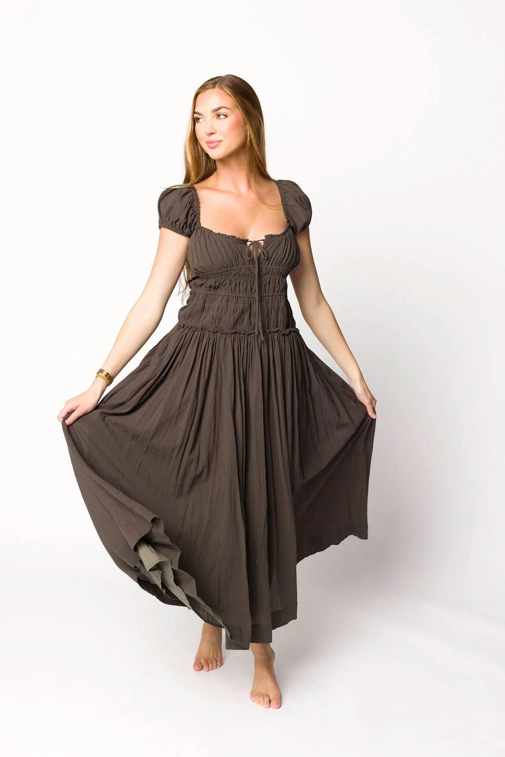 Aria Smocked Maxi Dress with Dropped Waist in Olive - Fashionser