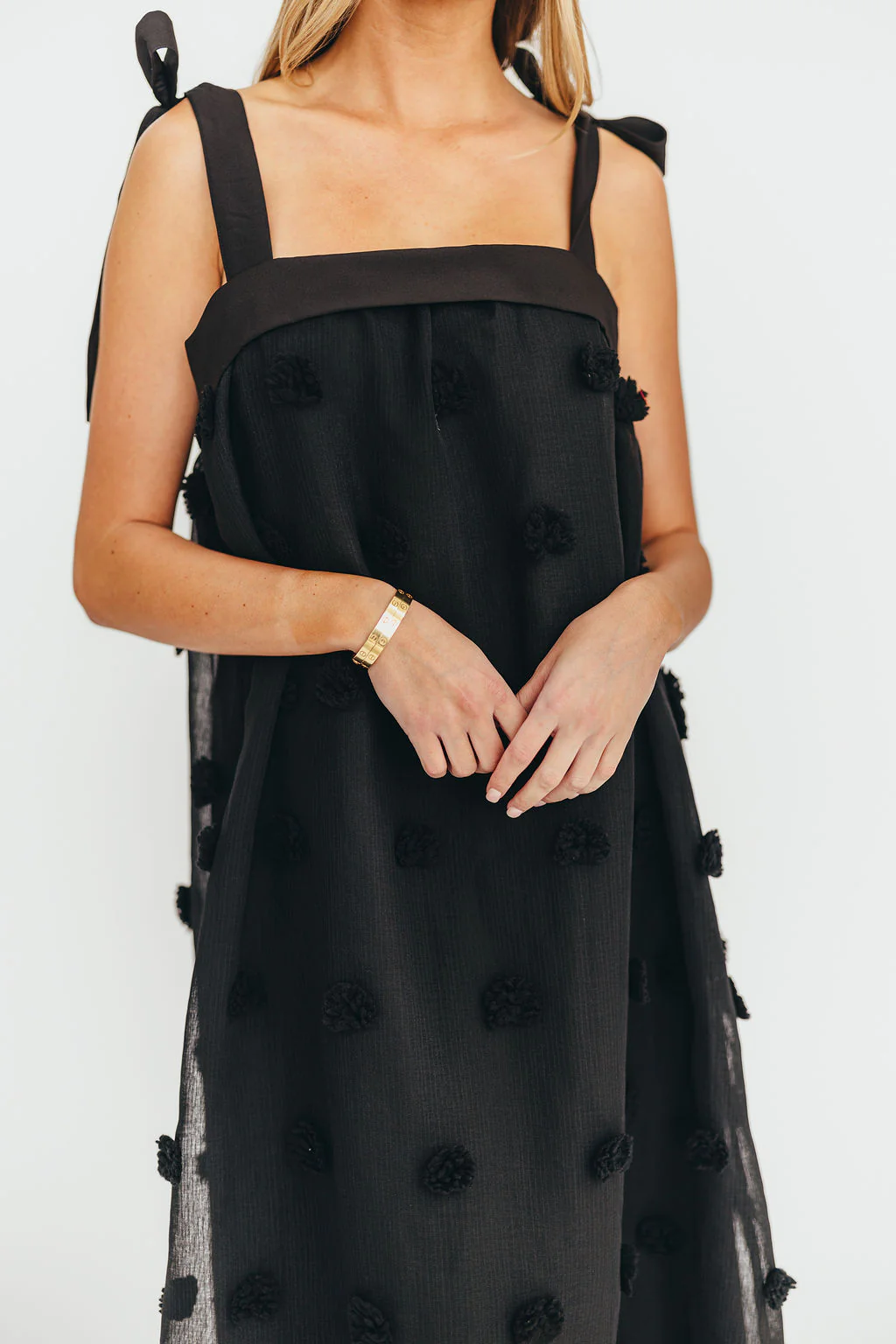 Catalina Blossom Embroidery Tie Strap Midi Dress in Black - Fashionser