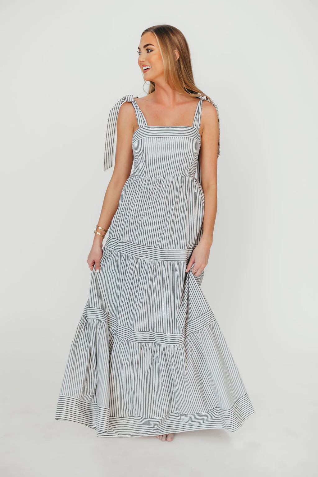 Emma Tie Strap Maxi Dress in Navy Blue Stripe - Fashionser