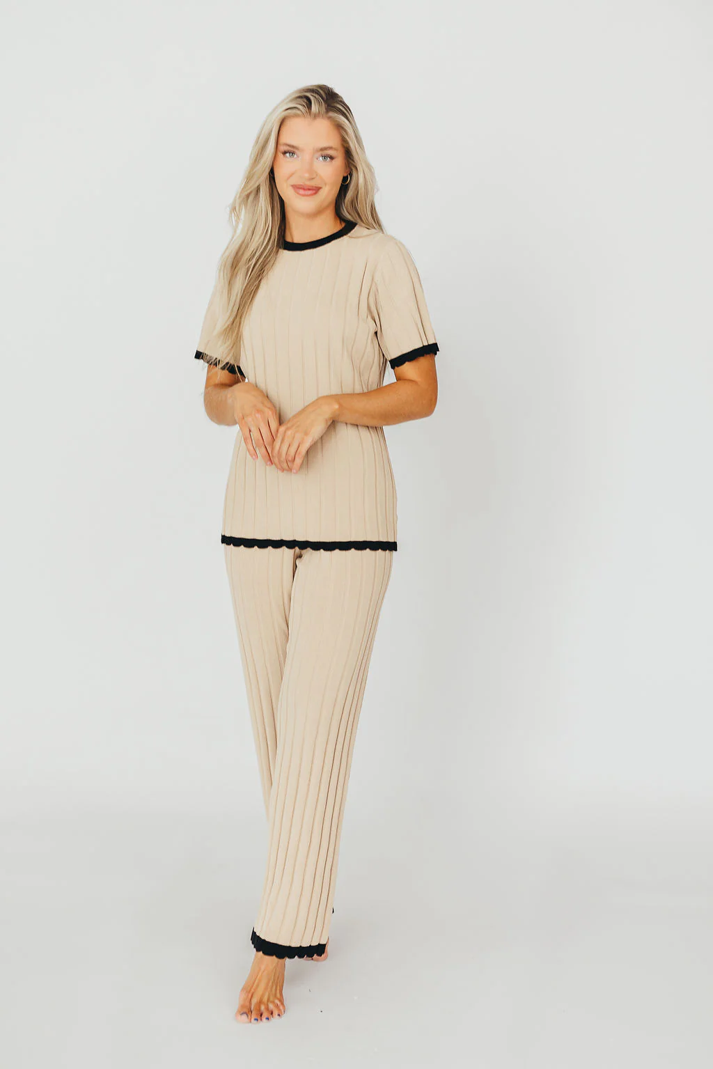 Adele Ribbed Knit Top and Pants Set in Light Taupe - Fashionser