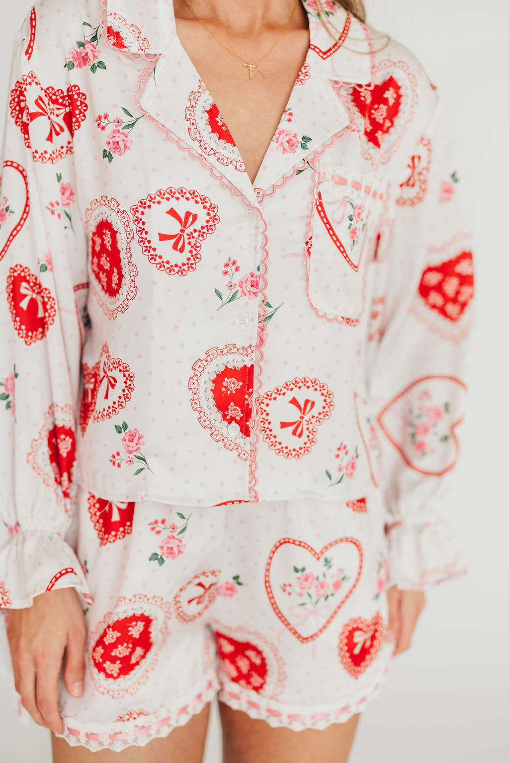 Amora Satin Pajama Set in White/Light Pink/Red - Fashionser