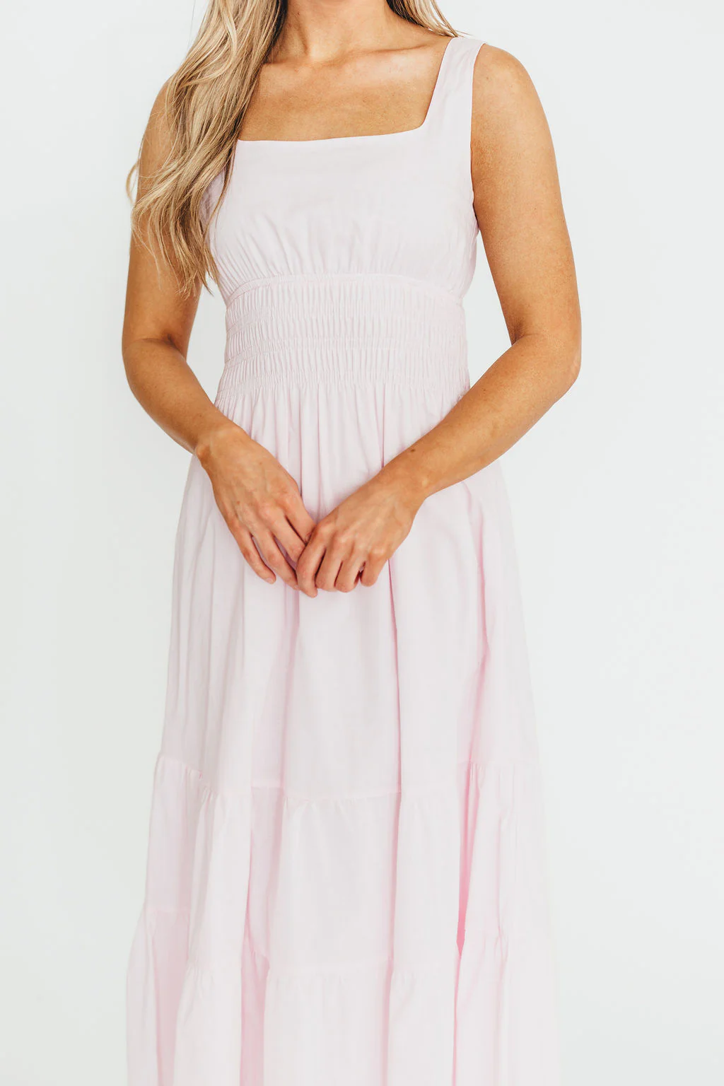Victoria 100% Cotton Smocked Waist Midi Dress in Light Pink - Fashionser