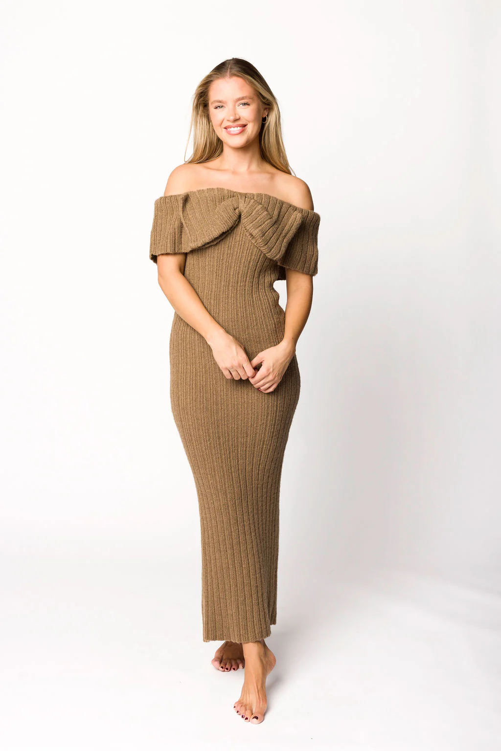 Aston Bow Front Maxi Sweater Dress in Brown - Bump Friendly - Fashionser