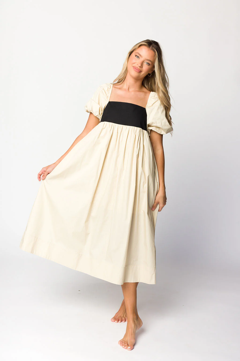 Amia Cotton Midi Dress in Beige - Fashionser