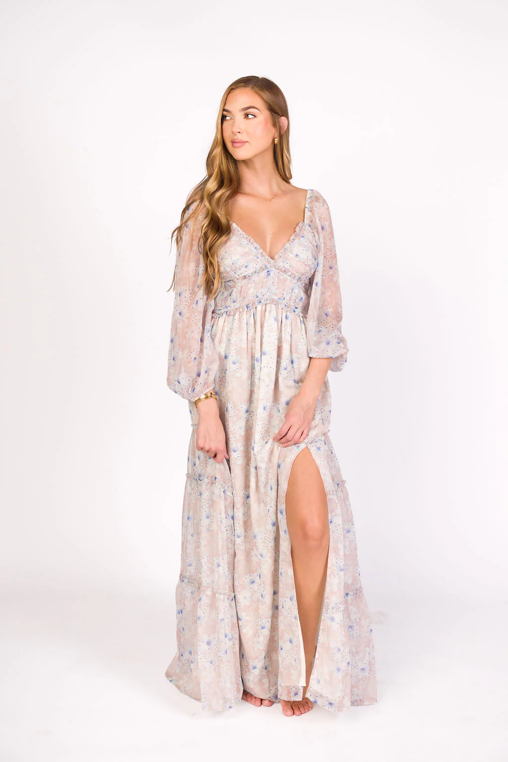 Daphne Long Sleeve Maxi Dress in Beige/Blue Floral - Bump Friendly & Inclusive Sizing (XS-3XL) - Fashionser