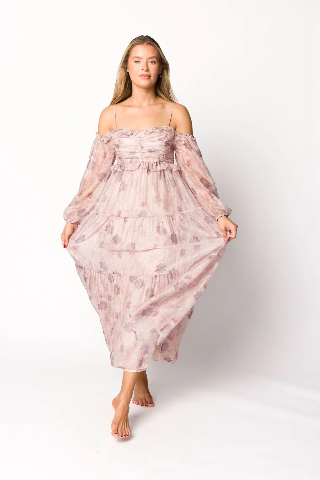 Atlas Rouched Midi Dress in Purple/Blush Floral - Fashionser