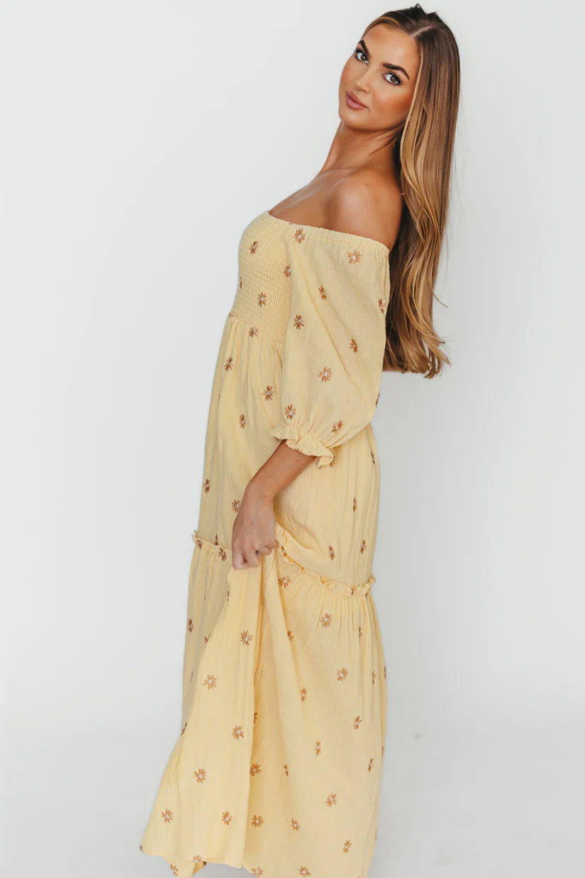 Nia Embroidered Floral Midi Dress in Beige - Fashionser