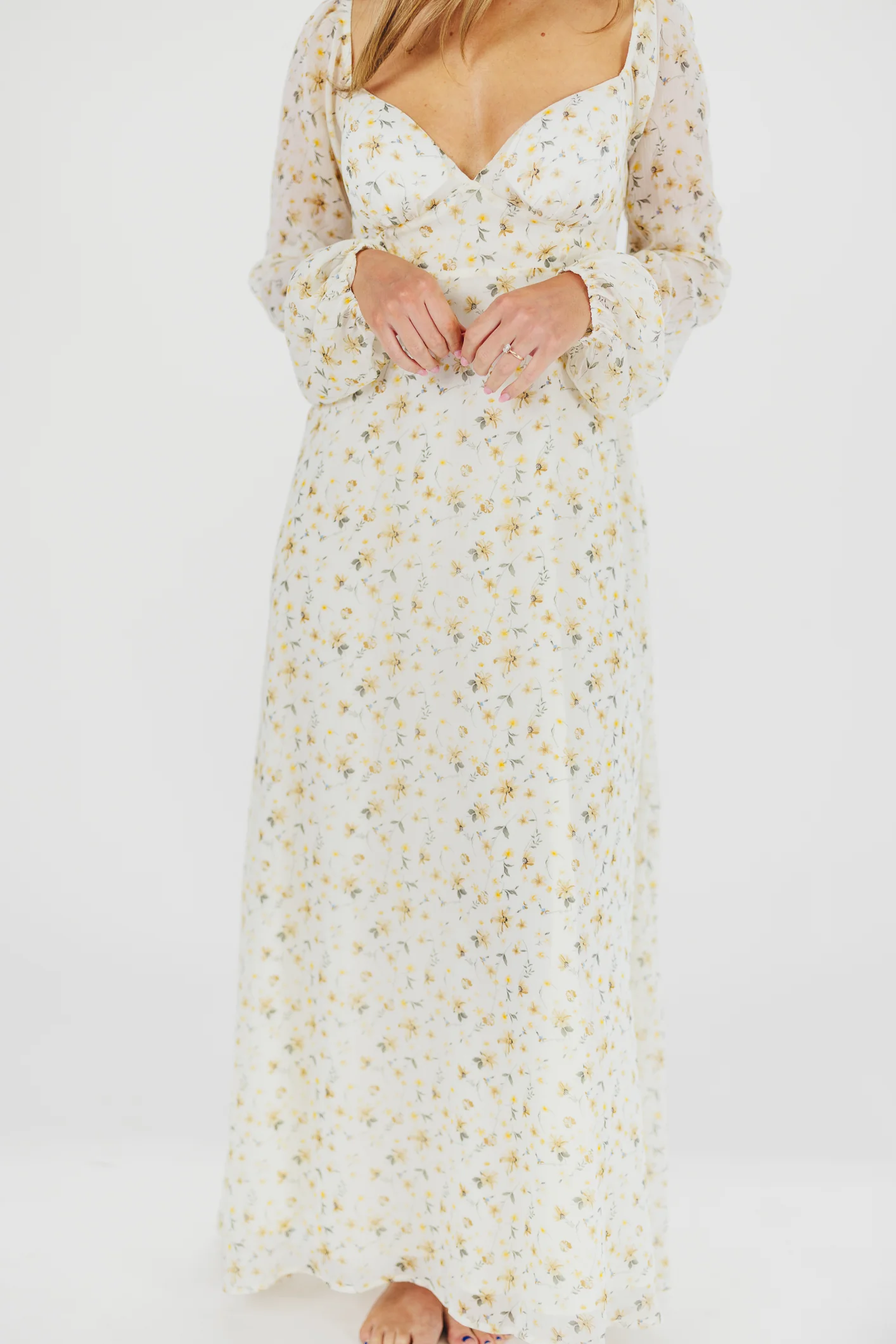 Parker Smocked Maxi Dress with Puffed Sleeves in Ivory/Yellow - Bump Friendly & Inclusive Sizing (S-3XL) - Fashionser