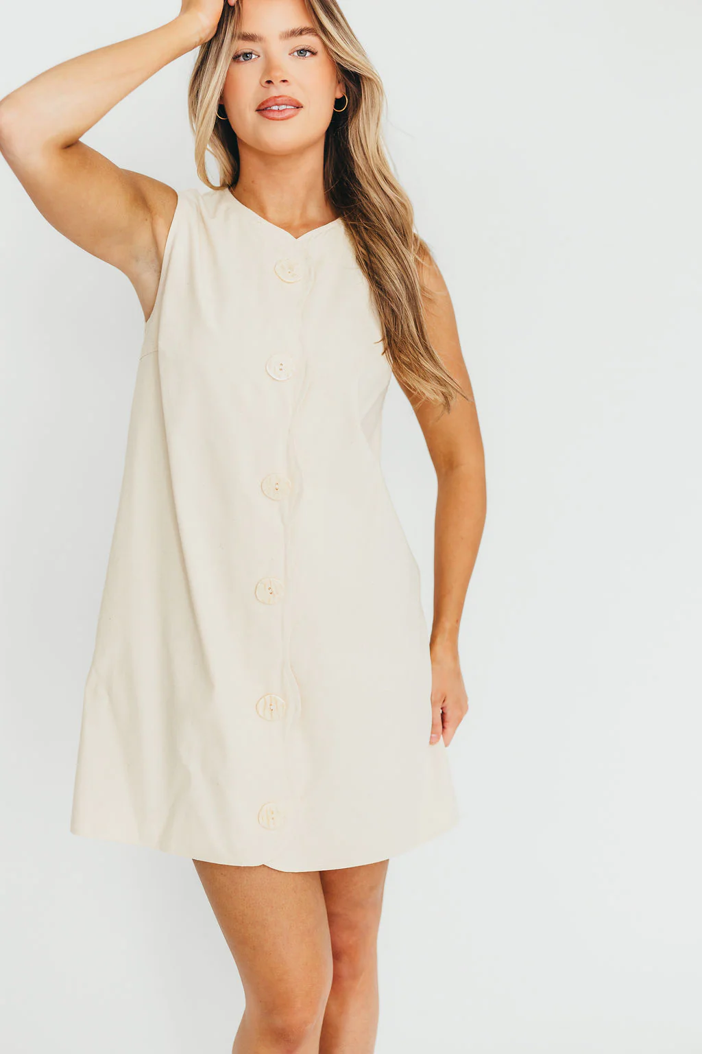 Zoey Wavy Trim Mini Dress in Sand - Fashionser