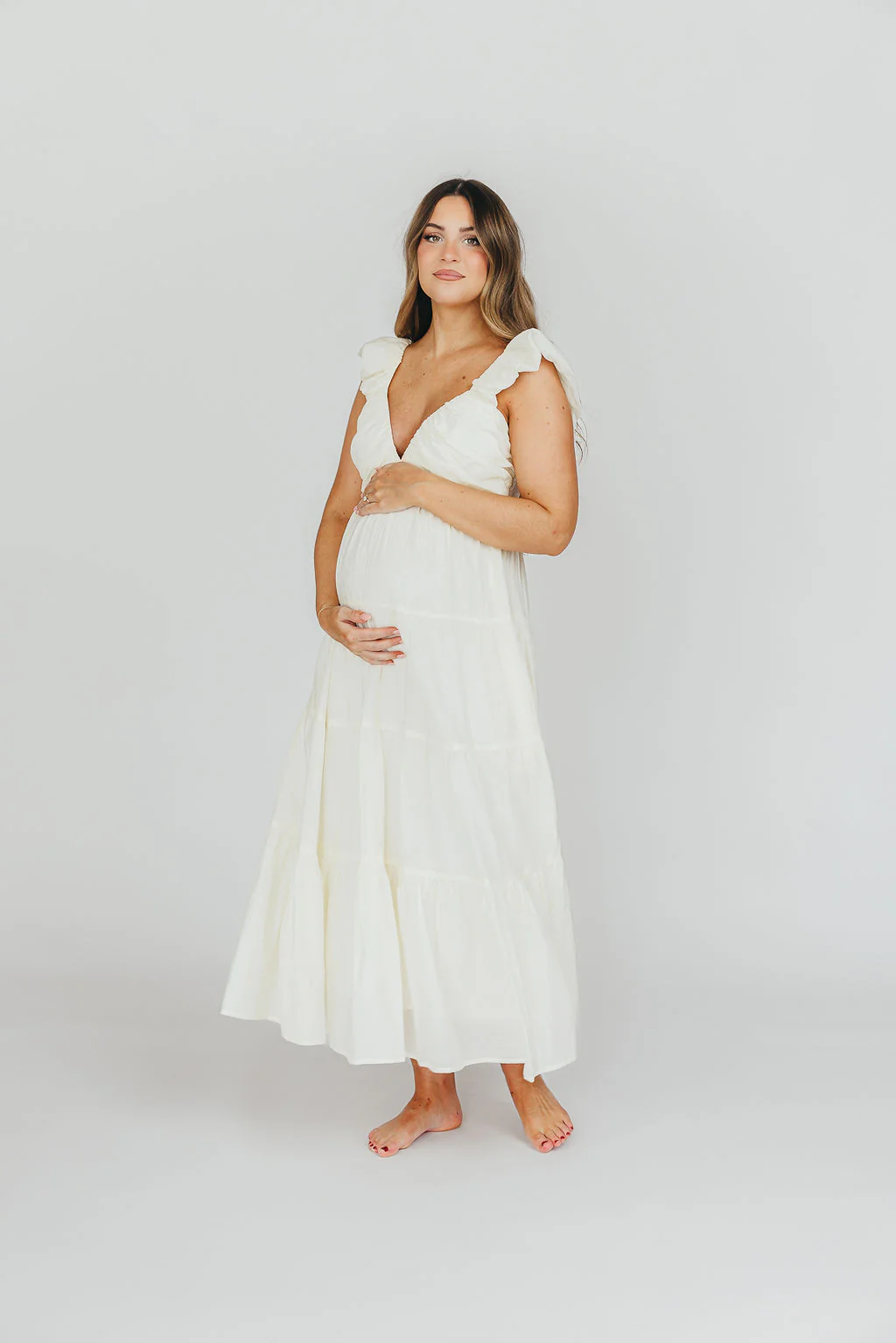 Katy Pleated Bodice Midi Dress in Cream  - Bump Friendly (Restocking Mid May) - Fashionser